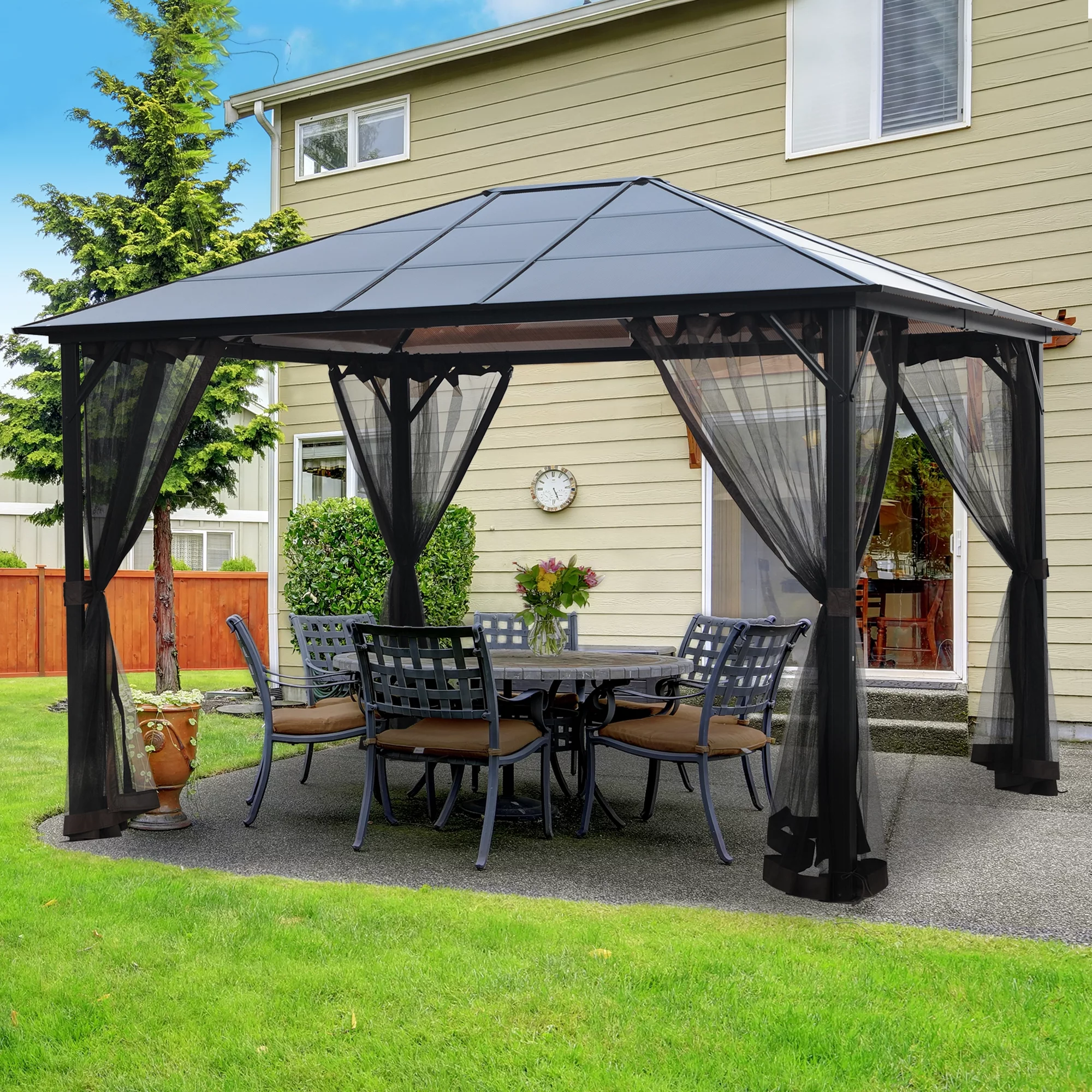 12 ft. x 10 ft. Outdoor Aluminum Gazebo with Polycarbonate Hardtop and Mosquito Netting for Lawn, Backyard