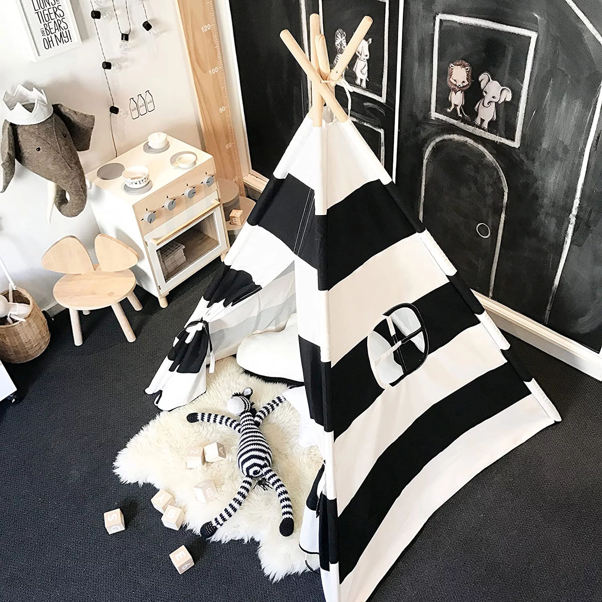 Kids Teepee Tent for Boys Girls Black and White Stripe Canvas Children Play Tent for Indoor Outdoor Garden Patio