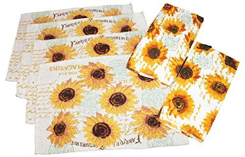 6 pc Sunflower Kitchen Towel Set - Includes 2 Sunflower Kitchen Towels and 4 Sunflower Placemats - Comes in an Organza Bag so It's Ready for Giving!