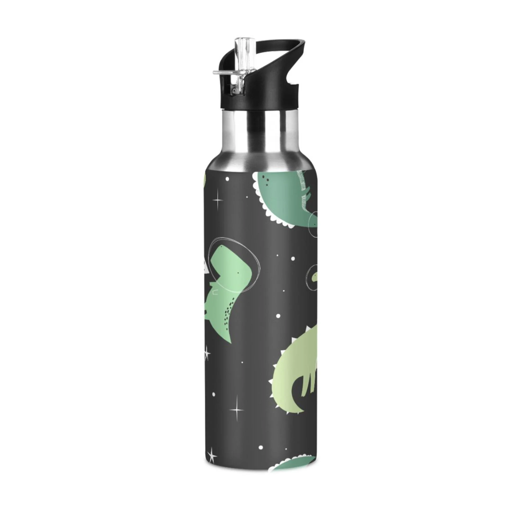 Water Bottle with Straw Lid Leak Green Dinosaur Black Galaxy Stainless Steel Insulated Thermos Vacuum Flask for Cold Hot Drinking for Sports Camping Gym Yoga