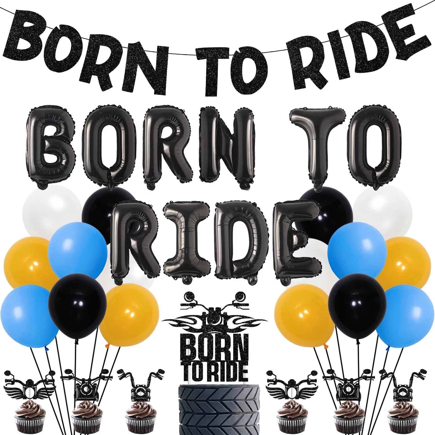 Dirt Bike Birthday Party Decoration for Boys, Motocross Racing Party Supplies with Born To Ride Balloon Banner Cupcake & Cake Topper, Yellow Blue Balloon Garland Arch Kit for Motorcycle Birthday Party