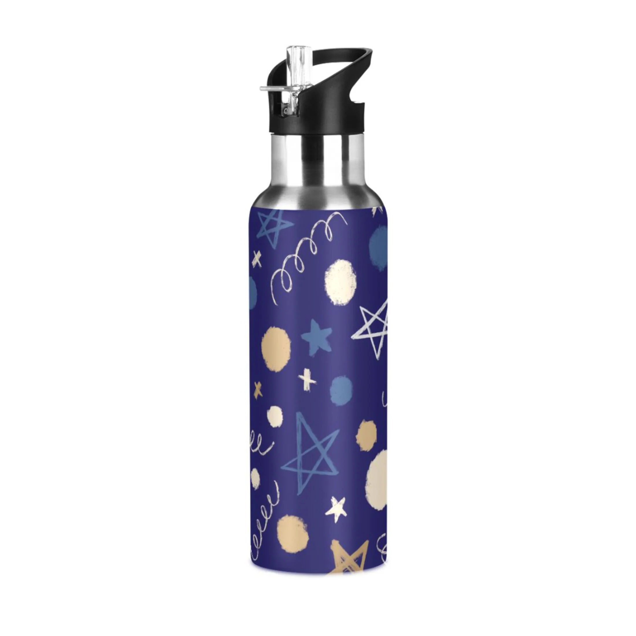 Water Bottle with Straw Lid Leak Star Moon Polka Dots Stainless Steel Insulated Thermos Vacuum Flask for Cold Hot Drinking for Sports Camping Gym Yoga
