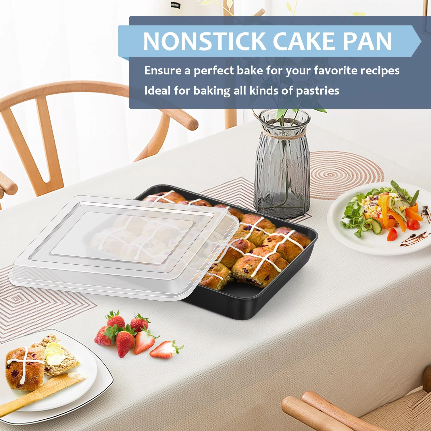 Walchoice Baking Pan with Lid Set of 2, 12.4 x 9.7 x 2 inch Stainless Steel Rectangular Cake Pan Set with Covers, Nonstick Deep Bakeware for Baking