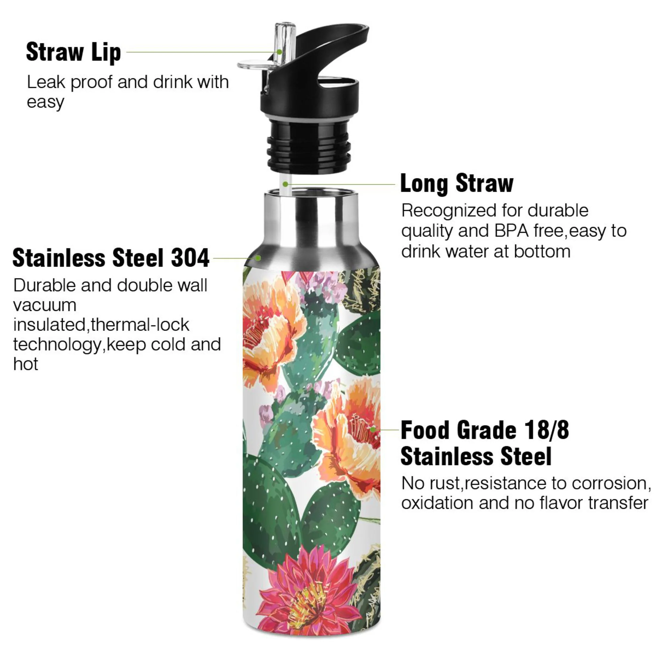 Water Bottle with Straw Lid Leak Flowers and Green Cactus Stainless Steel Insulated Thermos Vacuum Flask for Cold Hot Drinking for Sports Camping Gym Yoga
