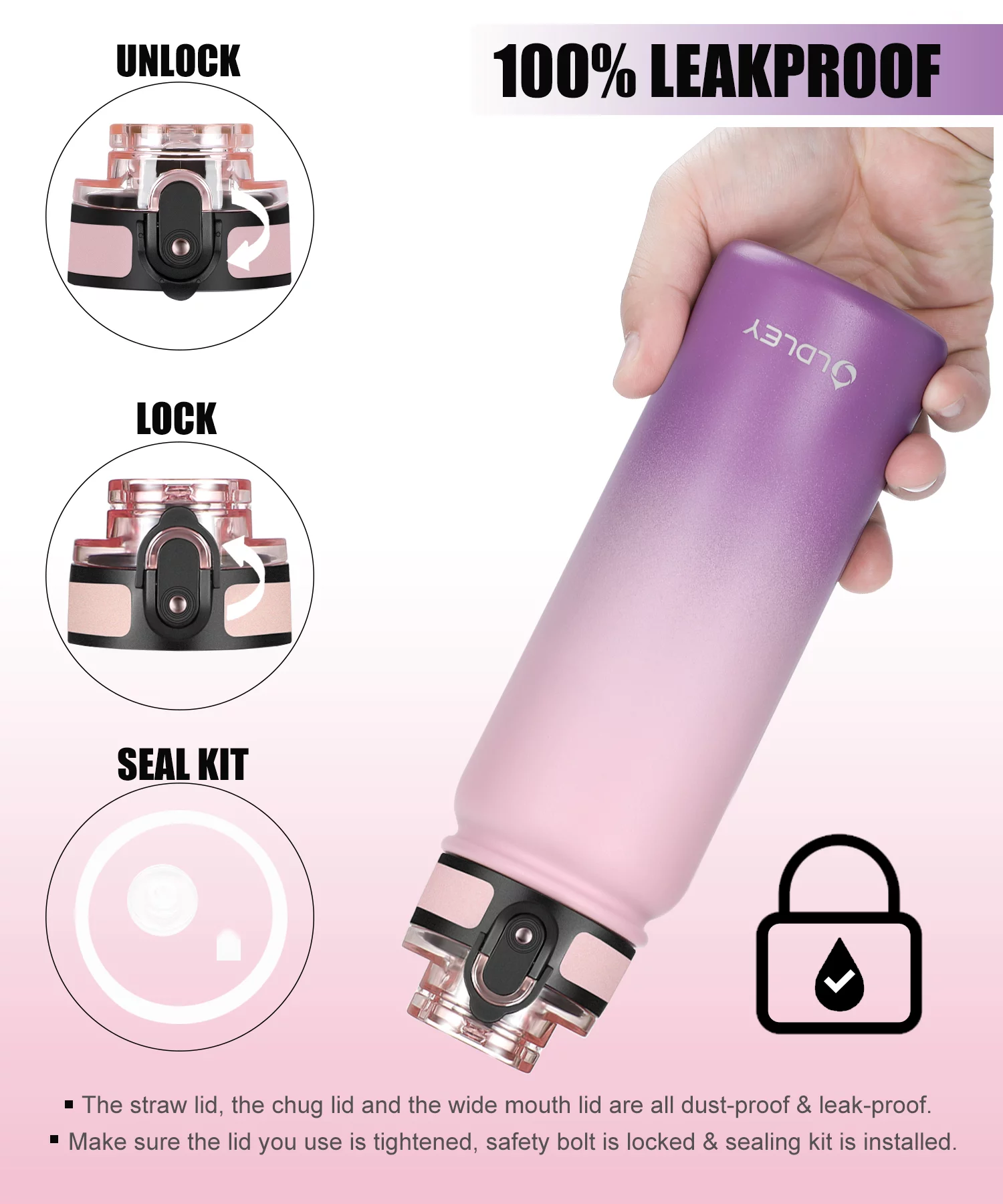 Oldley 20oz Water Bottle for Aldults and Kids  with 3 Lids and Strap Wide Mouth LeakProof for School Travel,Gift,Pink Purple