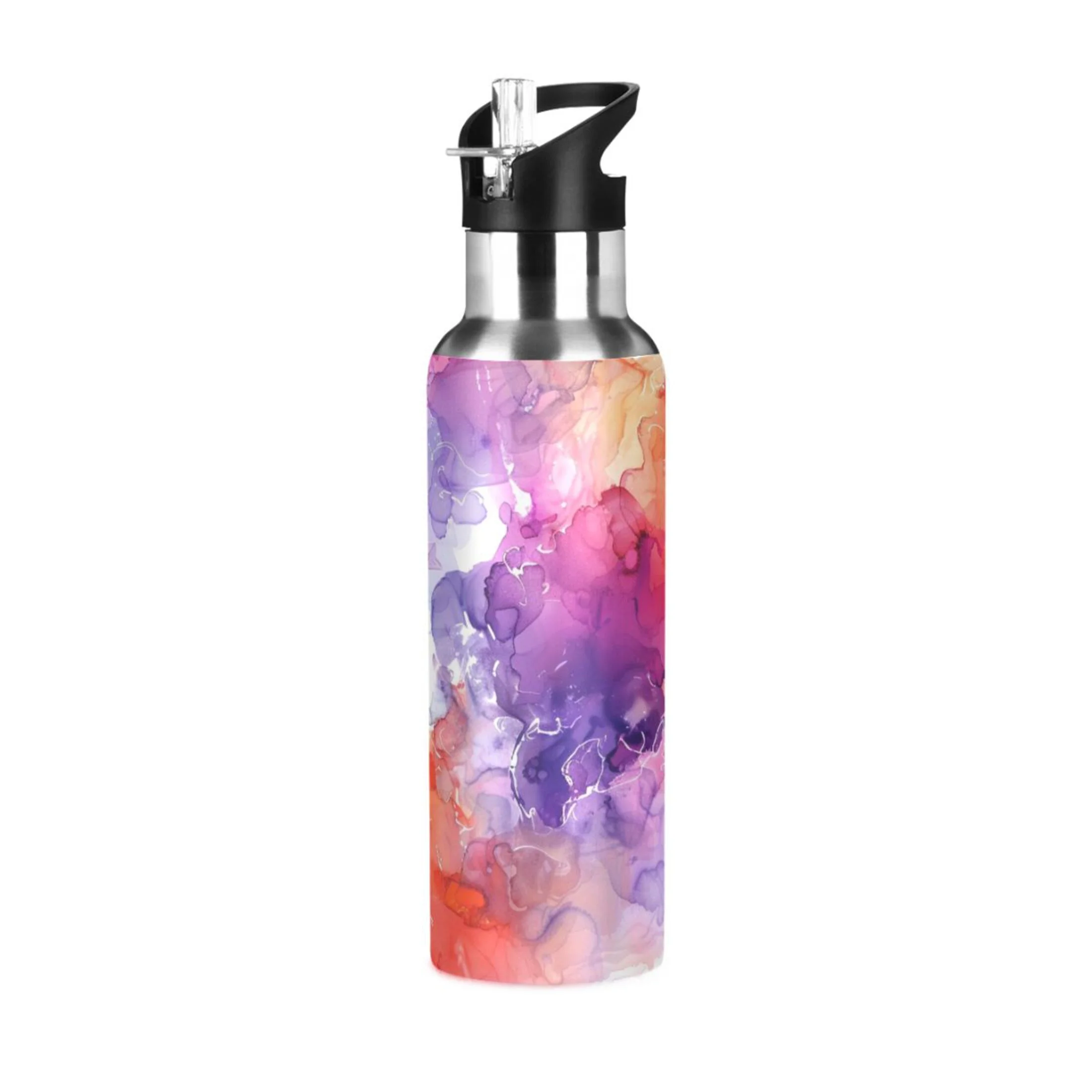 Purple Marble Water Bottles Insulated Thermos Kids Stainless Steel Bottle with Straw Lid Flask Leakproof for Sports Gym 20 oz