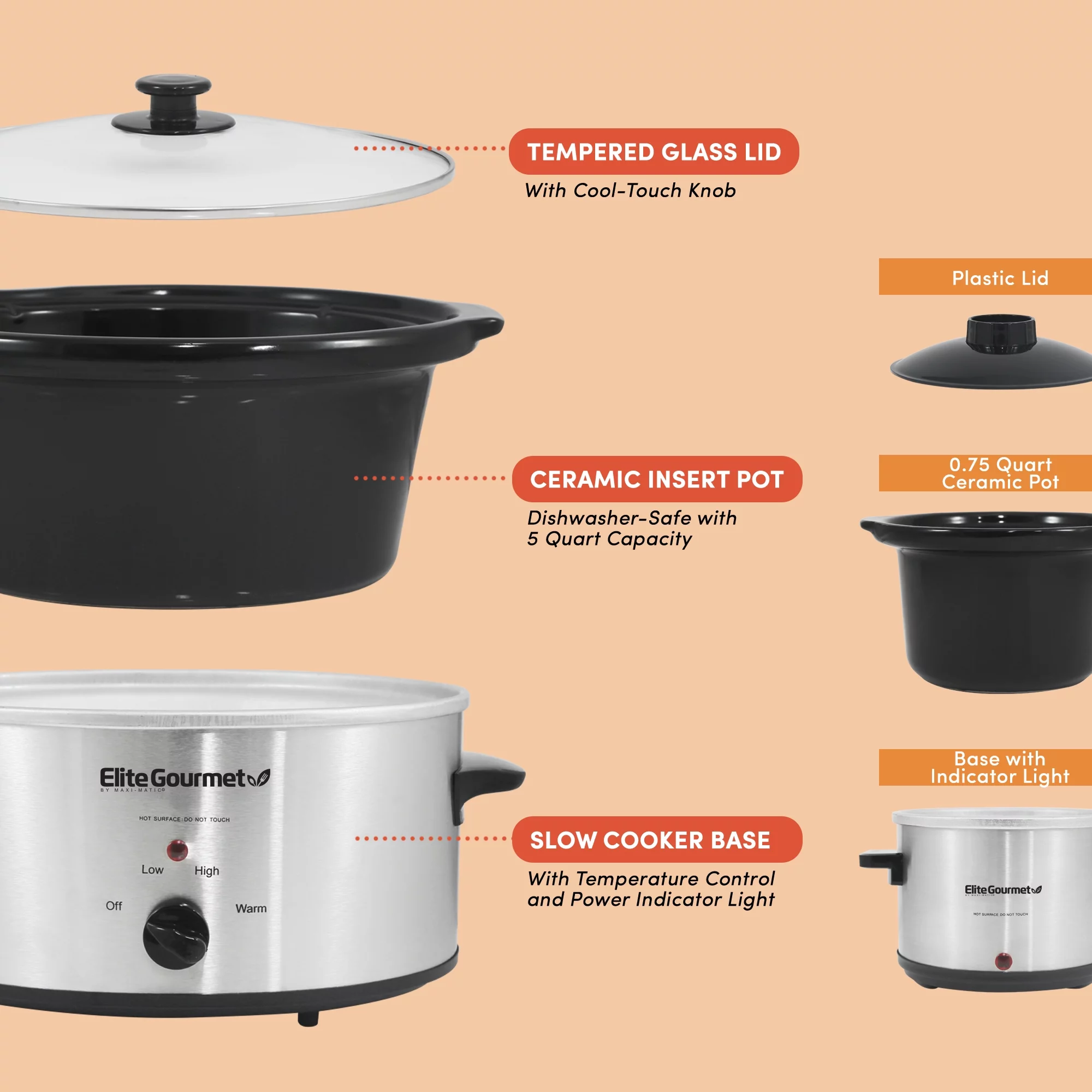 Elite Gourmet MST-500D 5Qt Stainless Steel Slow Cooker with Mini Dipper