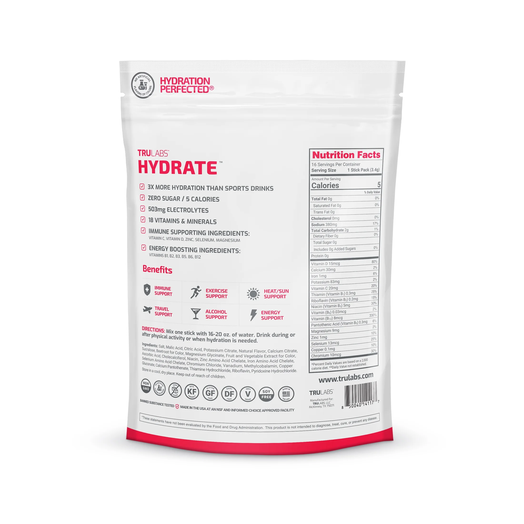 TruLabs Hydrate Strawberry Lemonade, Hydration Electrolyte Powdered Drink Mix, 16 Sticks