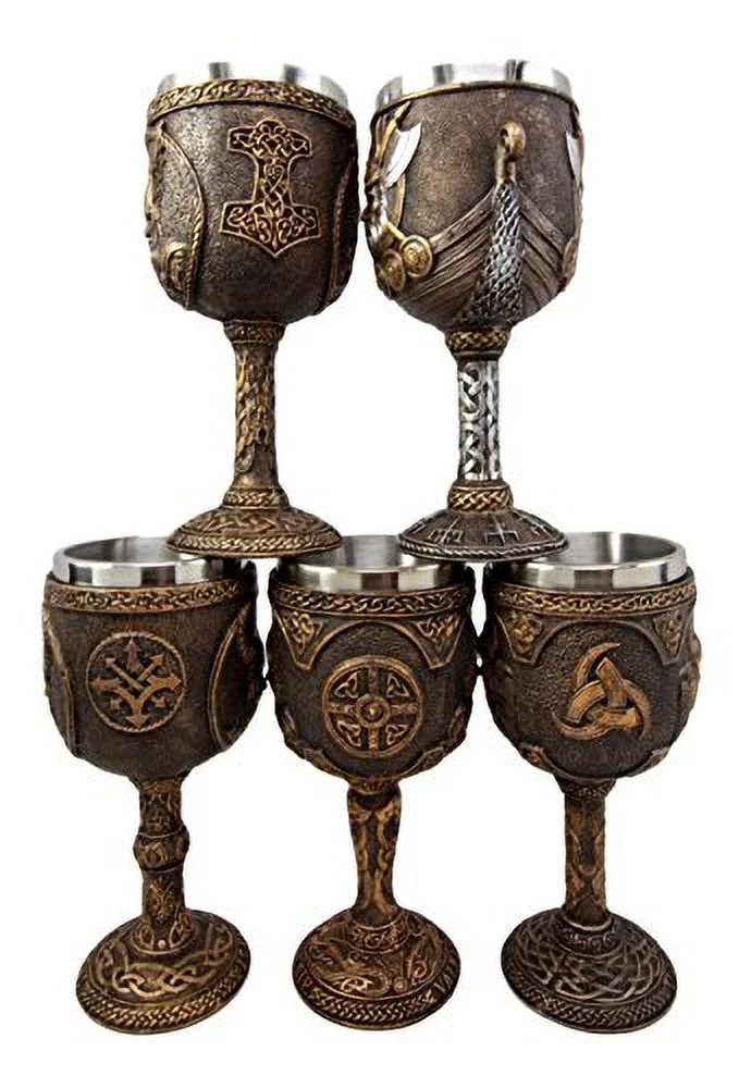 Atlantic Collectibles Norse Mythology Viking Deities Odin Loki Thor Valkyrie Battle Longship 7oz Resin Wine Goblet Chalice Set of 5 With Stainless Steel Liner