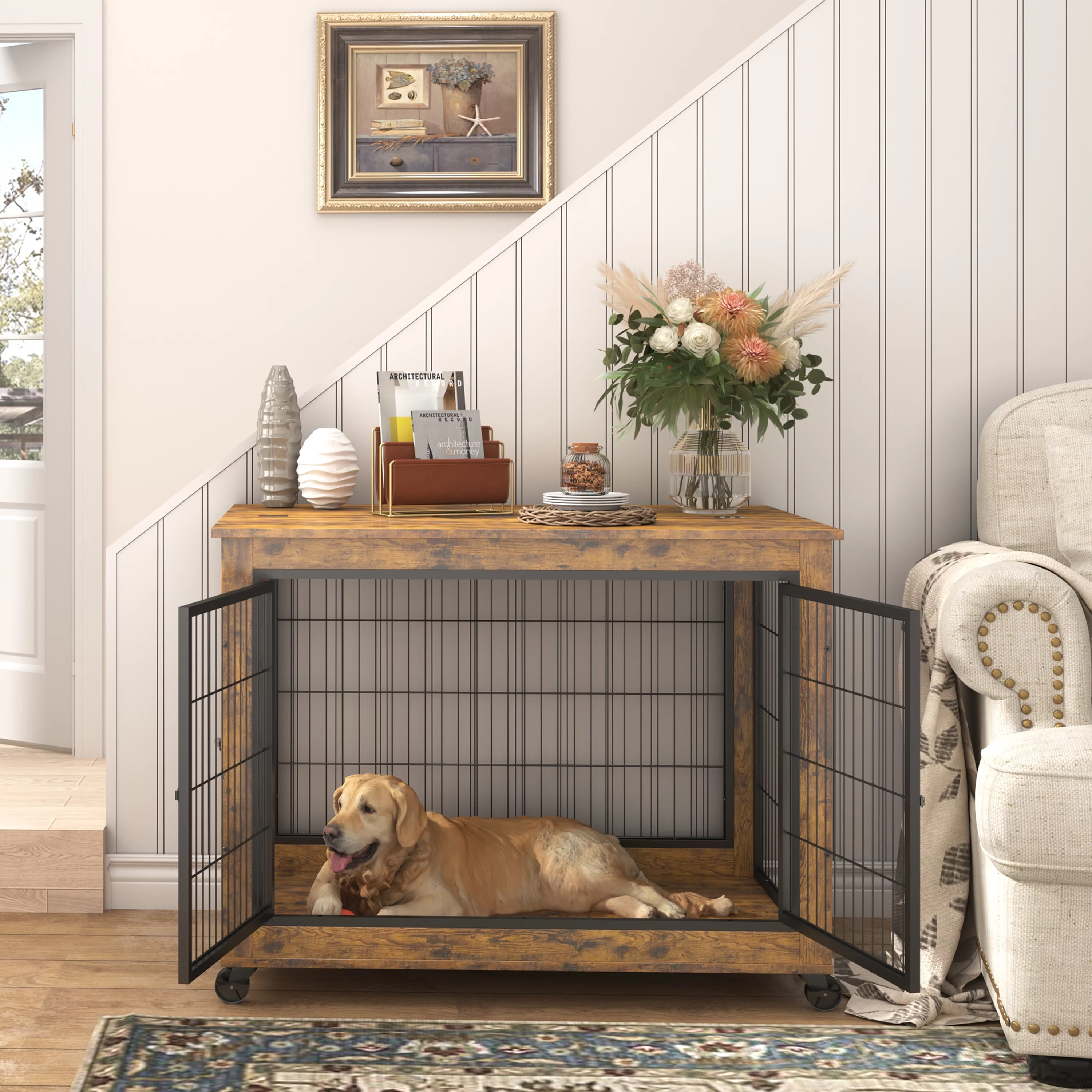 Euroco Dog Crate Furniture Large Dog Cage with Double Doors, Kennel with Wheels, Rustic Brown, 38.5
