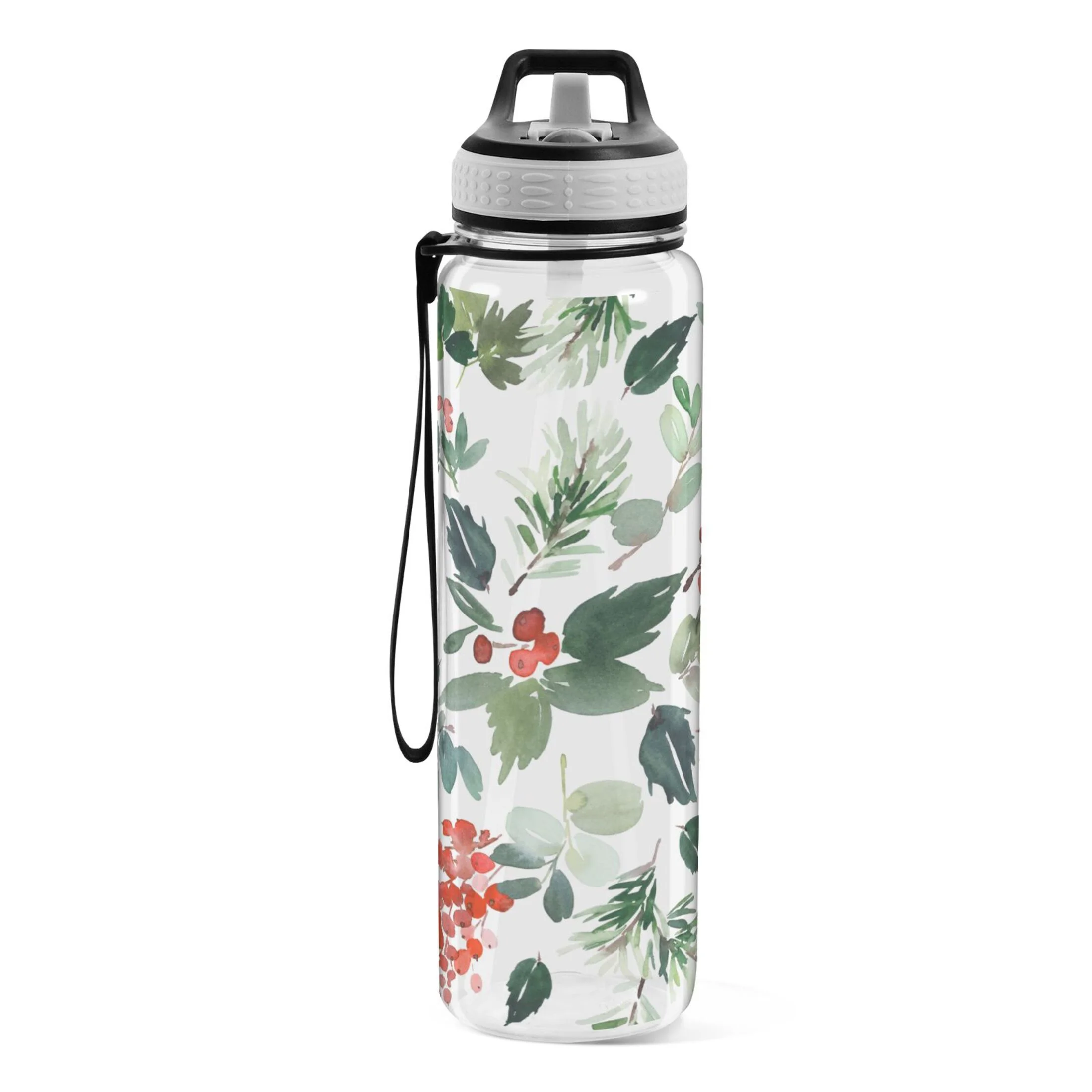 Watercolor Christmas with Berries 32oz Water Bottles with Straw Tritan Leakproof Sports Bottle BPA Free Clear for Fitness Gym Swimming Cycling