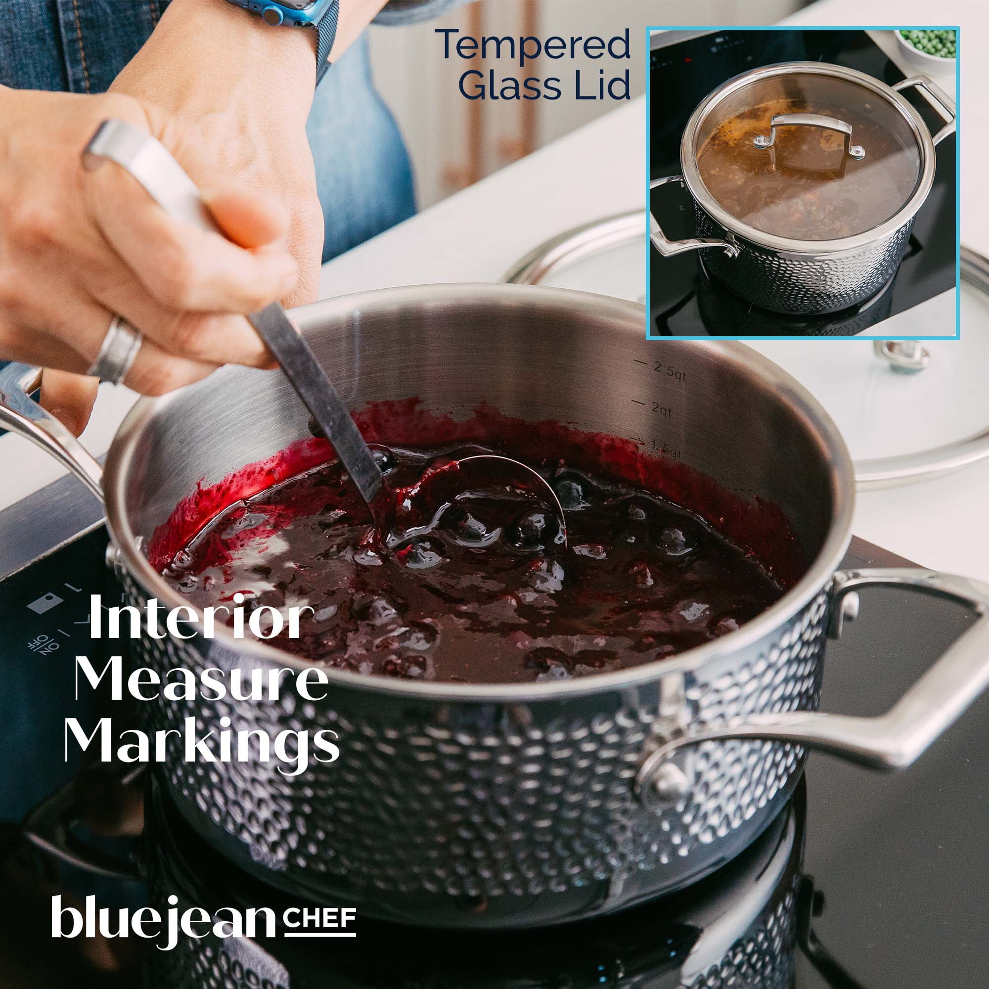 Blue Jean Chef 6-Piece Stainless Steel Cookware Set, Hammered Finish, Tri-Ply Construction Clad Cookware, Nonstick; Induction, Oven & Dishwasher Safe