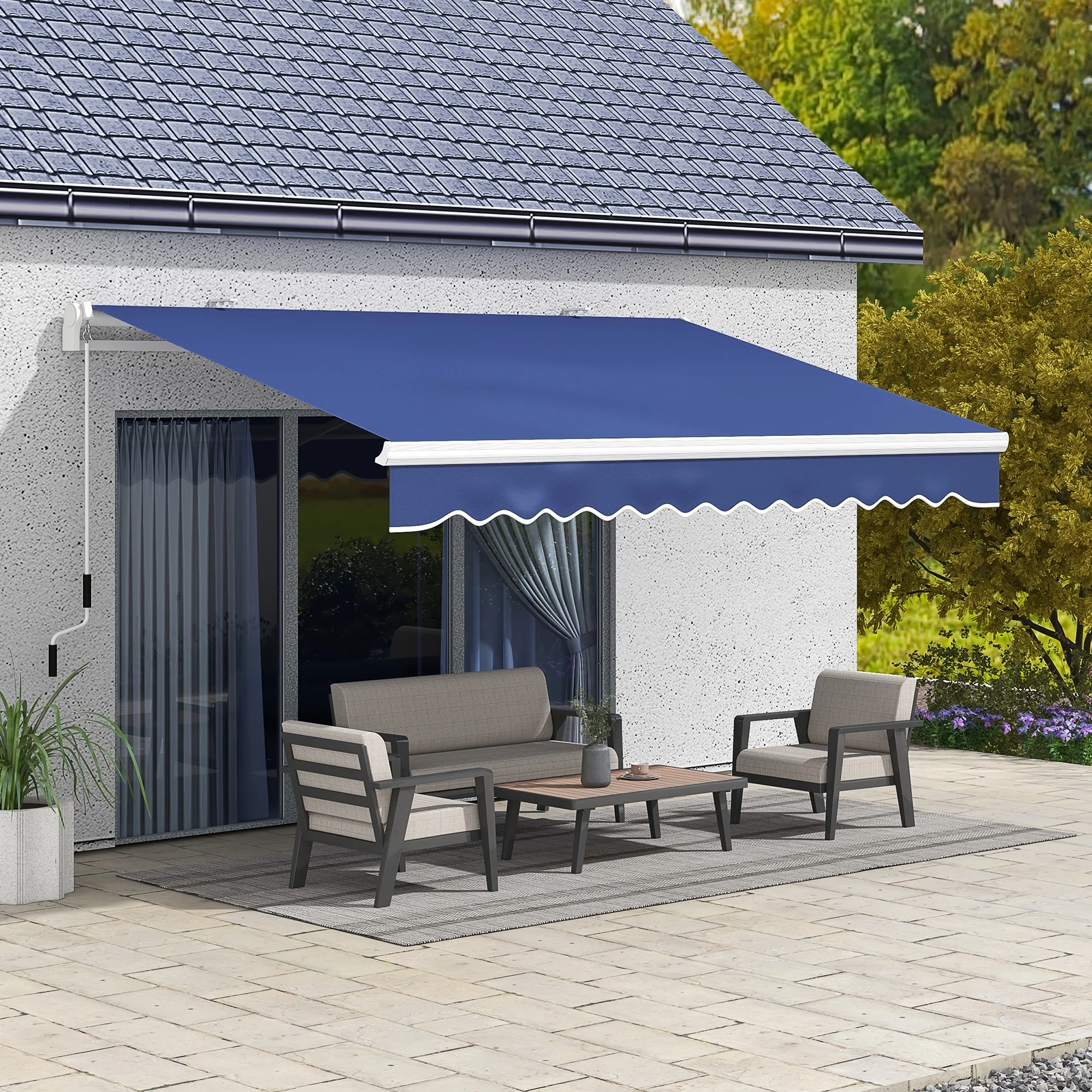 Outsunny 13' x 8' Manual Retractable Awning Sunshade Shelter, Dark Blue
