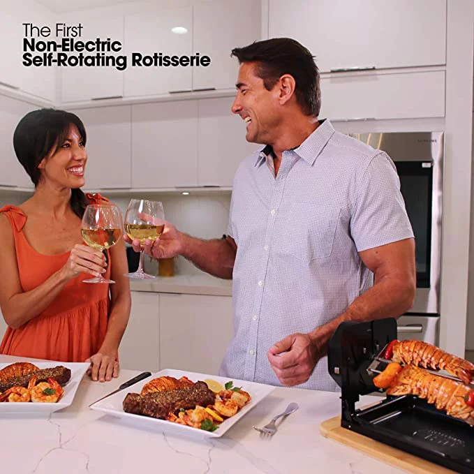 Roto Tisserie! Non Electric Rotisserie Machine. Portable for Convection Oven, Air Fryer Oven, BBQ Rotisserie, Fire Pit. Self Rotating Spit Roaster for Rotisserie Chicken, Shawarma, and 5lbs Foods