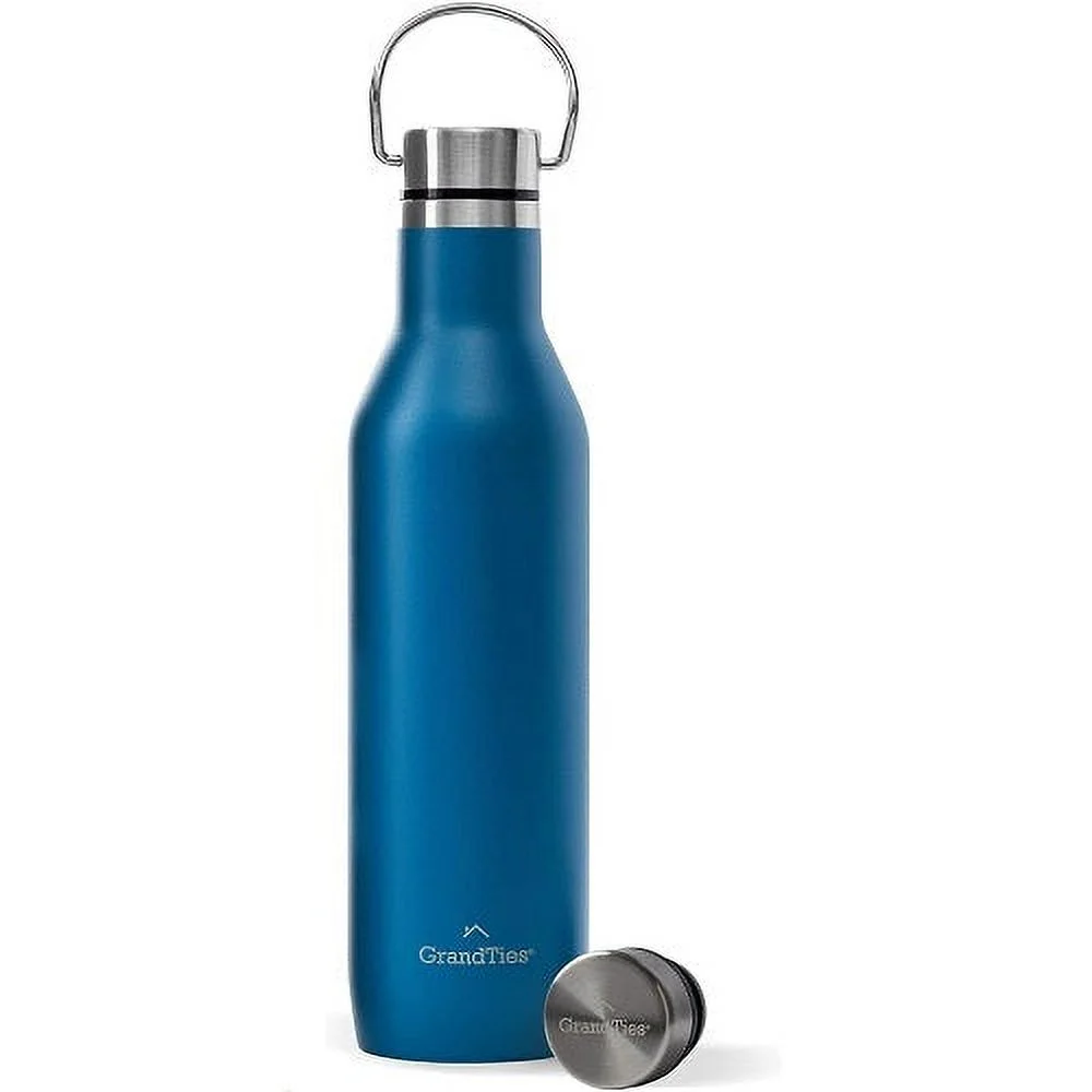 GrandTies Stainless Steel Water Bottles with 2 Lids | Slim Vacuum Insulated Cupholder Flask | Reusable Leak Proof BPA-Free Keep Cold Water bottle for School Gym Travel Sports | 21oz, Cobalt Blue