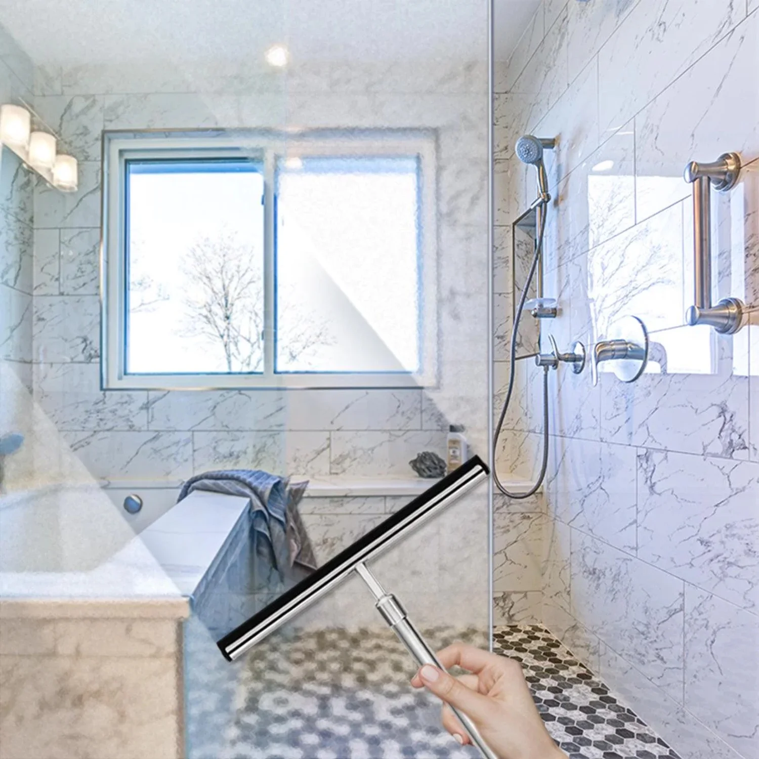 Stainless Steel Shower Squeegee with Telescoping Handle Extends to 23 Inches, From Grand Fusion