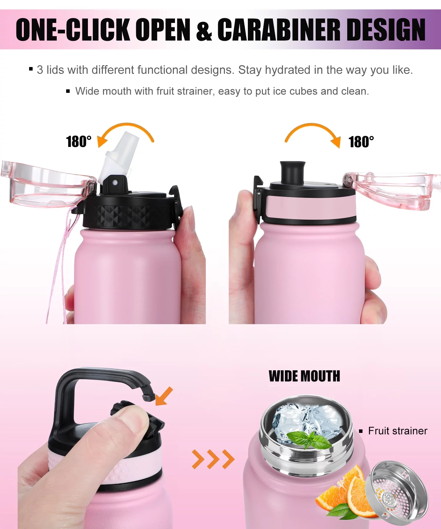 Oldley 20oz Water Bottle for Aldults and Kids  with 3 Lids and Strap Wide Mouth LeakProof for School Travel,Gift,Pink Purple