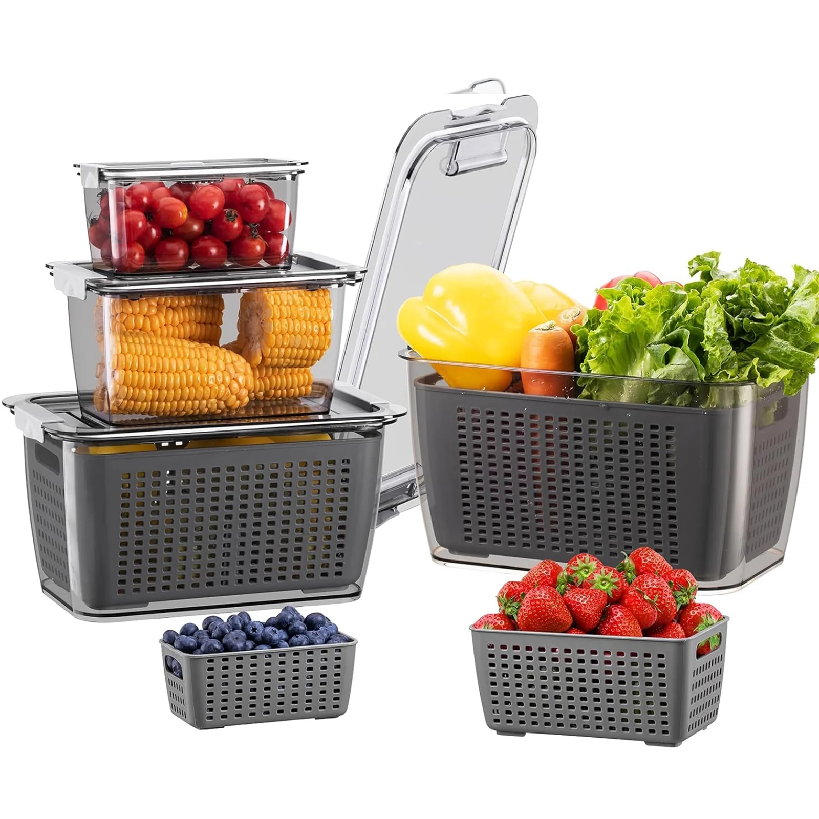 LUXEAR 4 Pack Vegetable Storage Containers for Fridge, Fruit Container with Lids &Removable Colander Large Fridge Organizer BPA-free for Fruit Vegetable, Berry, Meat Storage keep Fresh Longer Gray