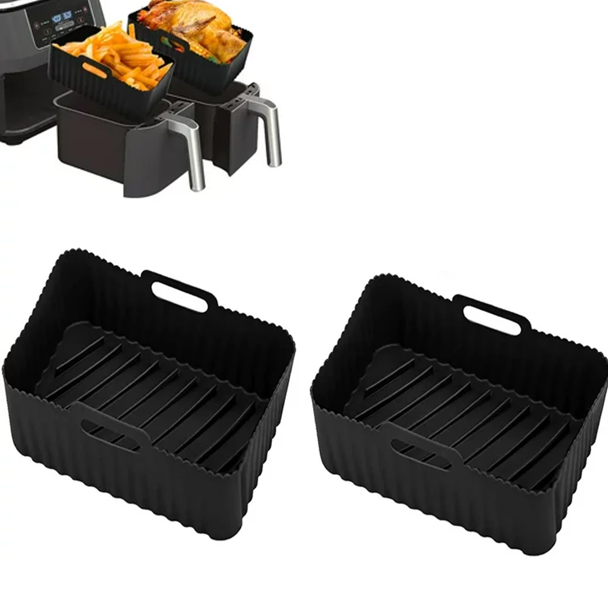 GYUEE 2 Pack Square Silicone Air Fryer Liners 7.8 inch Reusable Safe Air Fryer Silicone Basket for Dual 5.5QT-8.6QT Air Fryer Oven