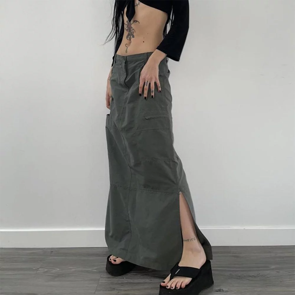 YIWEI Women Cargo Maxi Skirt Hiking Split Slit A-Line Loose Casual Vintage Style Punk