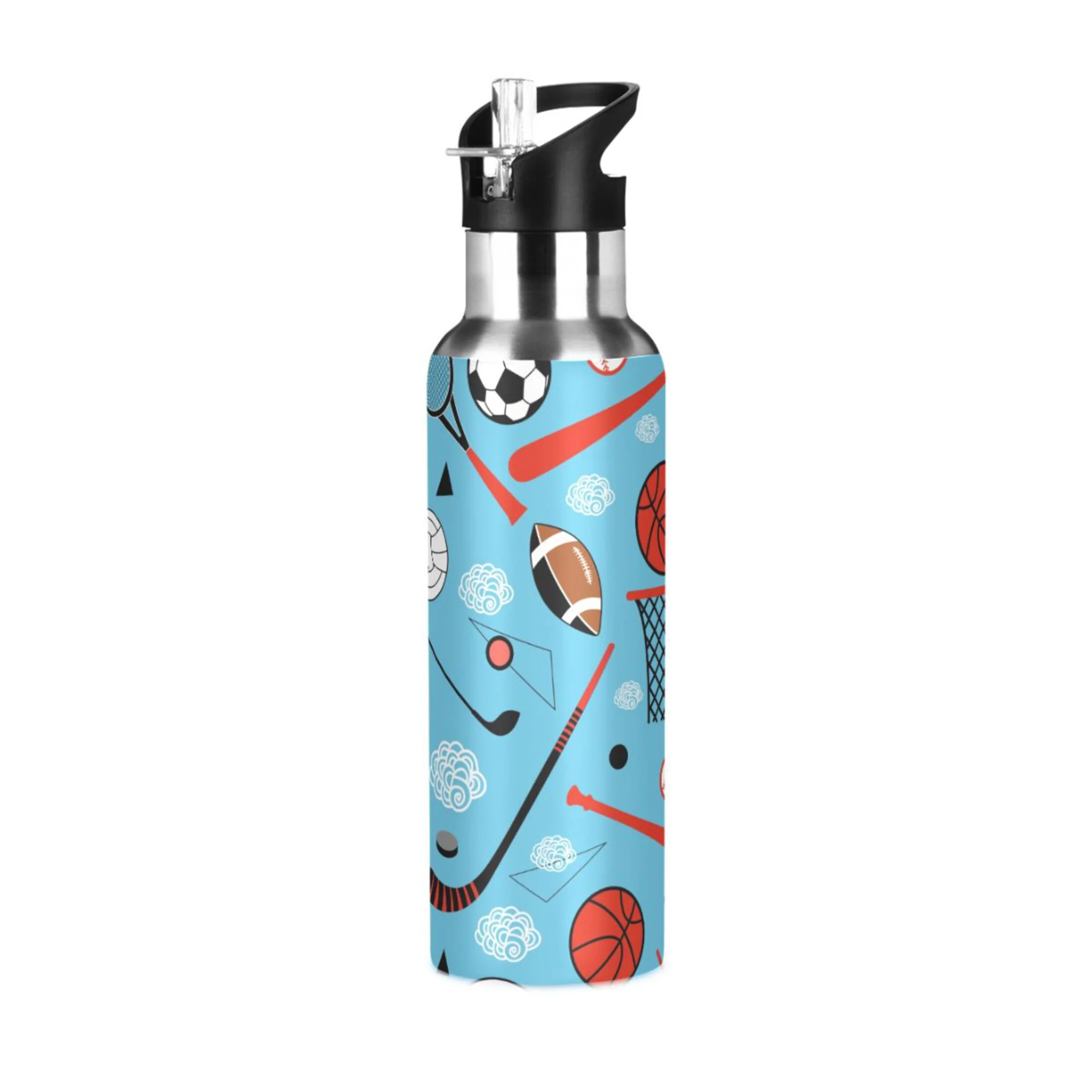 Water Bottle with Straw Lid Leak Sport Pattern Ball Stainless Steel Insulated Thermos Vacuum Flask for Cold Hot Drinking for Sports Camping Gym Yoga