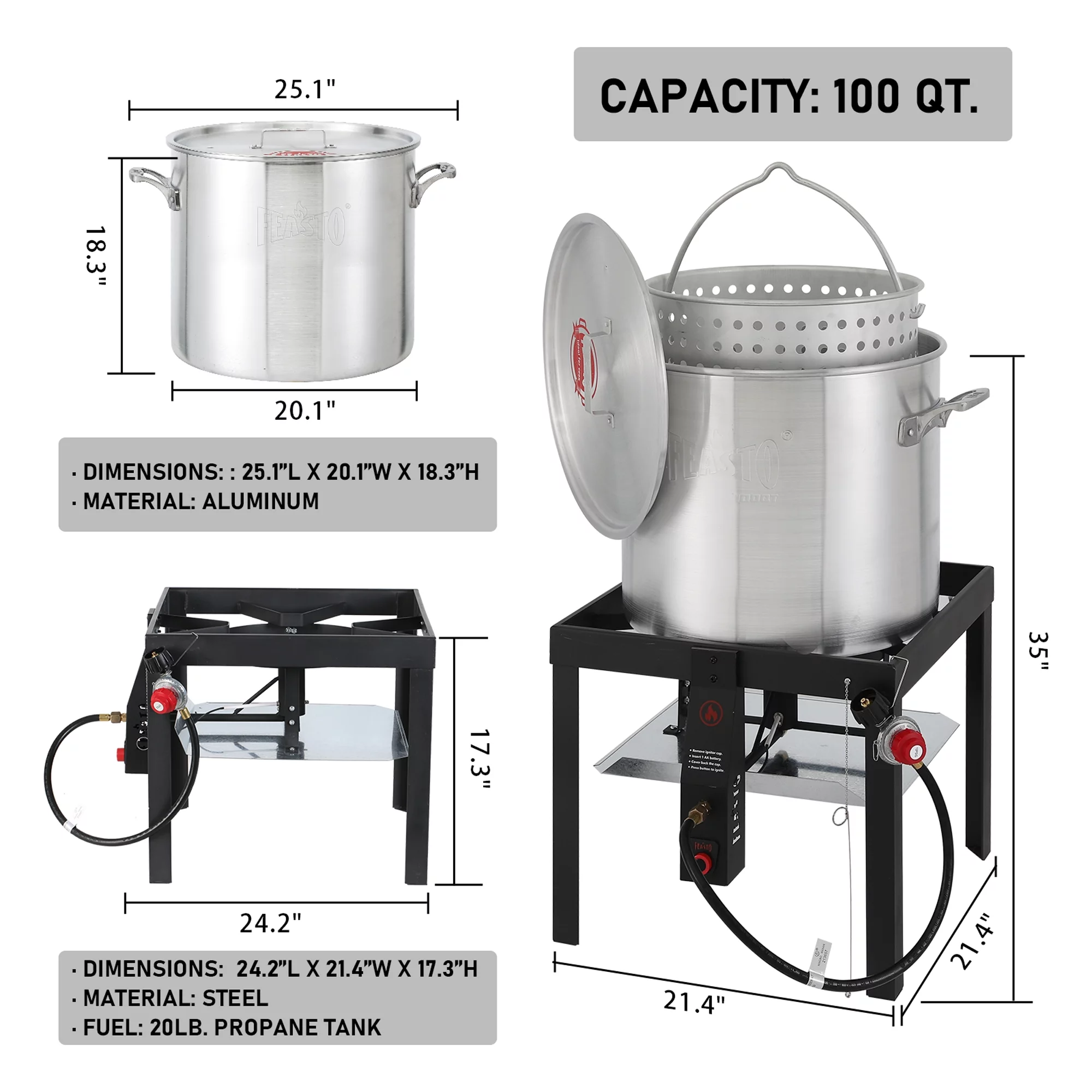 FEASTO 100QT Outdoor Propane Aluminum Seafood Boil Pot with Basket & Non-Assembly Frame Stand