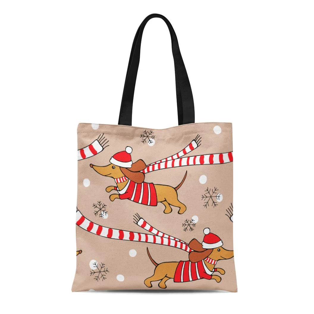 ASHLEIGH Canvas Tote Bag Romantic Christmas Cartoon of Dog Dachshund in Red Jersey Reusable Shoulder Grocery Shopping Bags Handbag