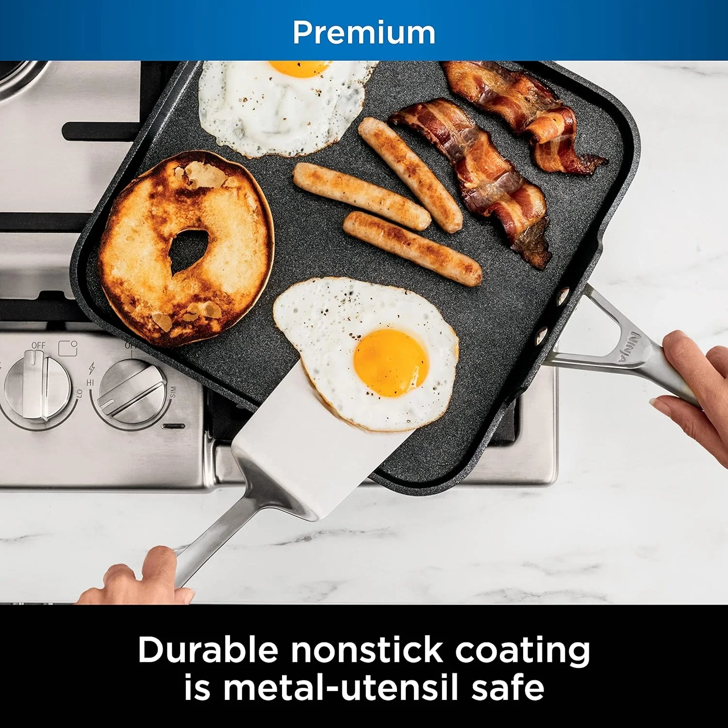 Open Box Ninja C30628 Foodi NeverStick Premium 11-Inch Square Griddle Pan, Hard-Anodized, Nonstick, Durable & Oven Safe to 500°F, Slate Grey