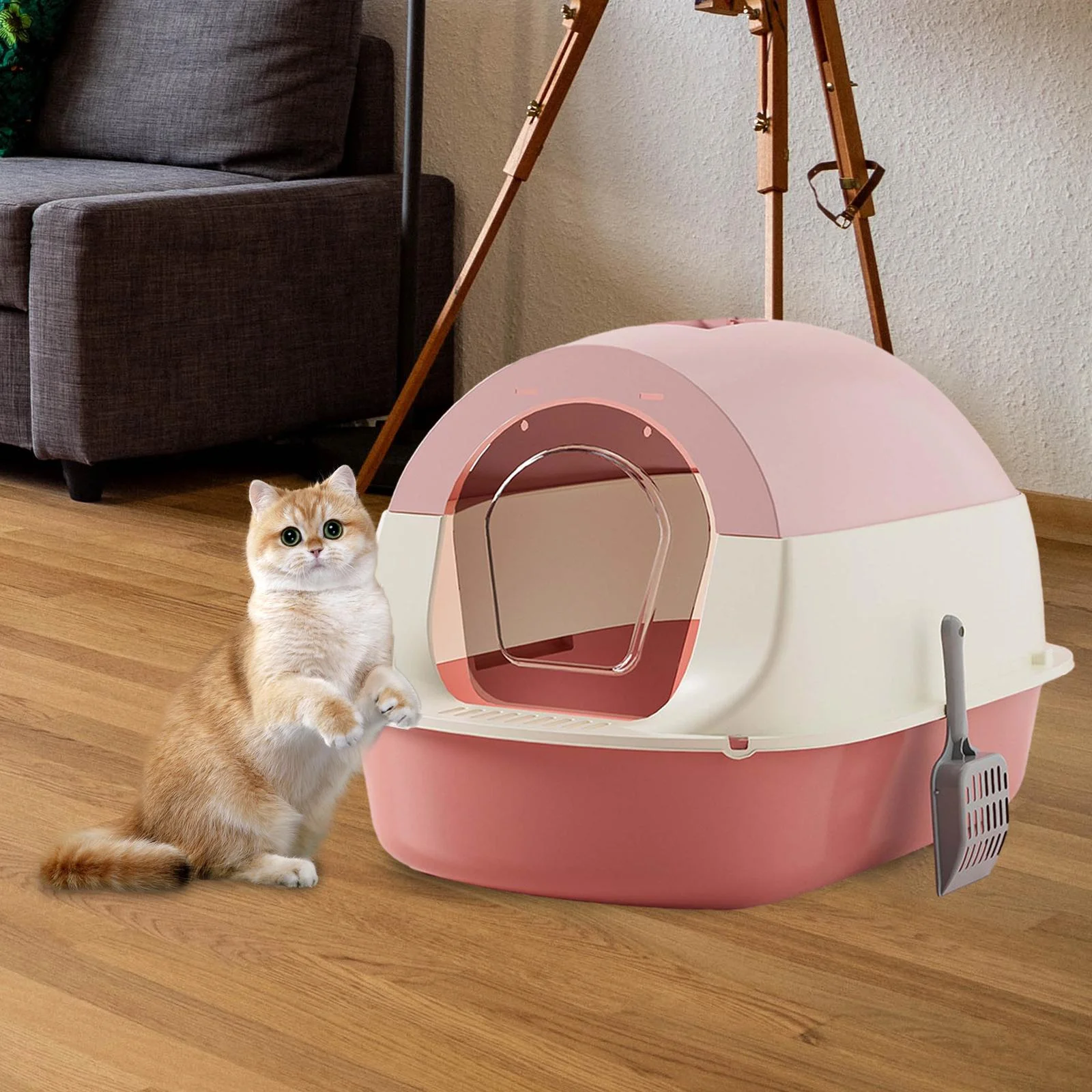 Hooded Cat Enclosed and Covered Cat Toilet Removable Kitten Potty Pink