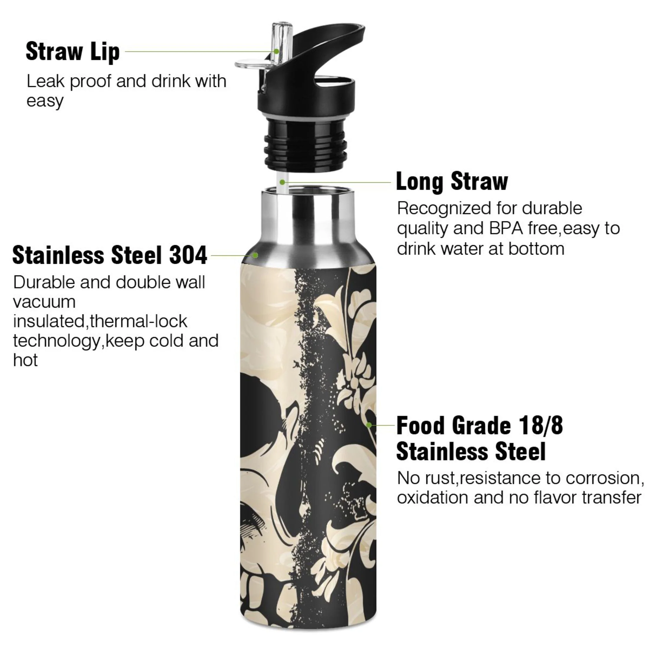 Cool Skull Skeleton Water Bottles Insulated Thermos Kids Stainless Steel Bottle with Straw Lid Flask Leakproof for Sports Gym 20 oz