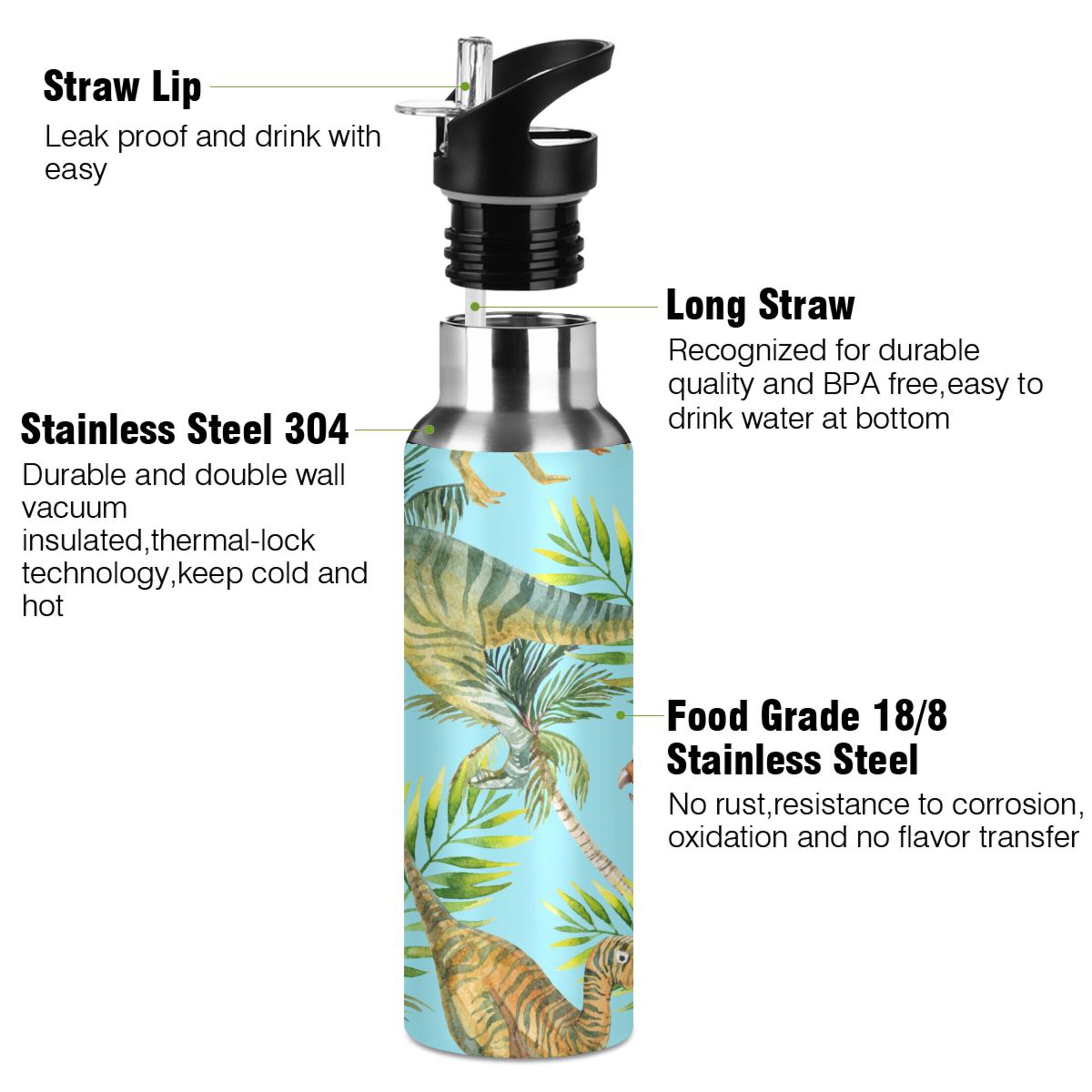 Stainless Steel Water Bottle Cute Dinosaur with Straw Lid Vacuum Insulated Keeps Hot and Cold Leak Proof Flask Jug for Gym Travel Sports Cycling Outdoor 20 OZ