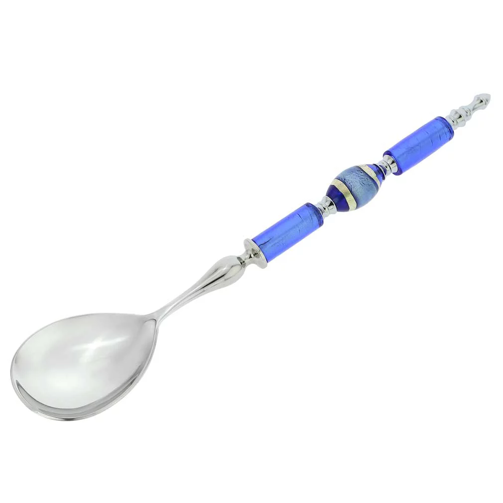 GlassOfVenice Italian Murano Glass Salad Spoon - Silver Blue Stripes