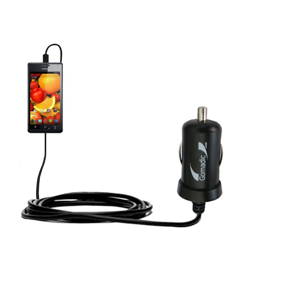 Gomadic Intelligent Compact Car / Auto DC Charger suitable for the Huawei Ascend P1 S - 2A / 10W power at half the size. Uses Gomadic TipExchange Tech