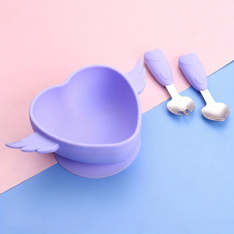 1set Heart Shaped Silicone Bowl Set With Spoon And Fork, Baby Cutlery Set With Storage Box For Self-Feeding Training, Baby Elbow Food Supplement Fork Spoon, Bendable Rice Spoon, Food Silicone Elbow Sp
