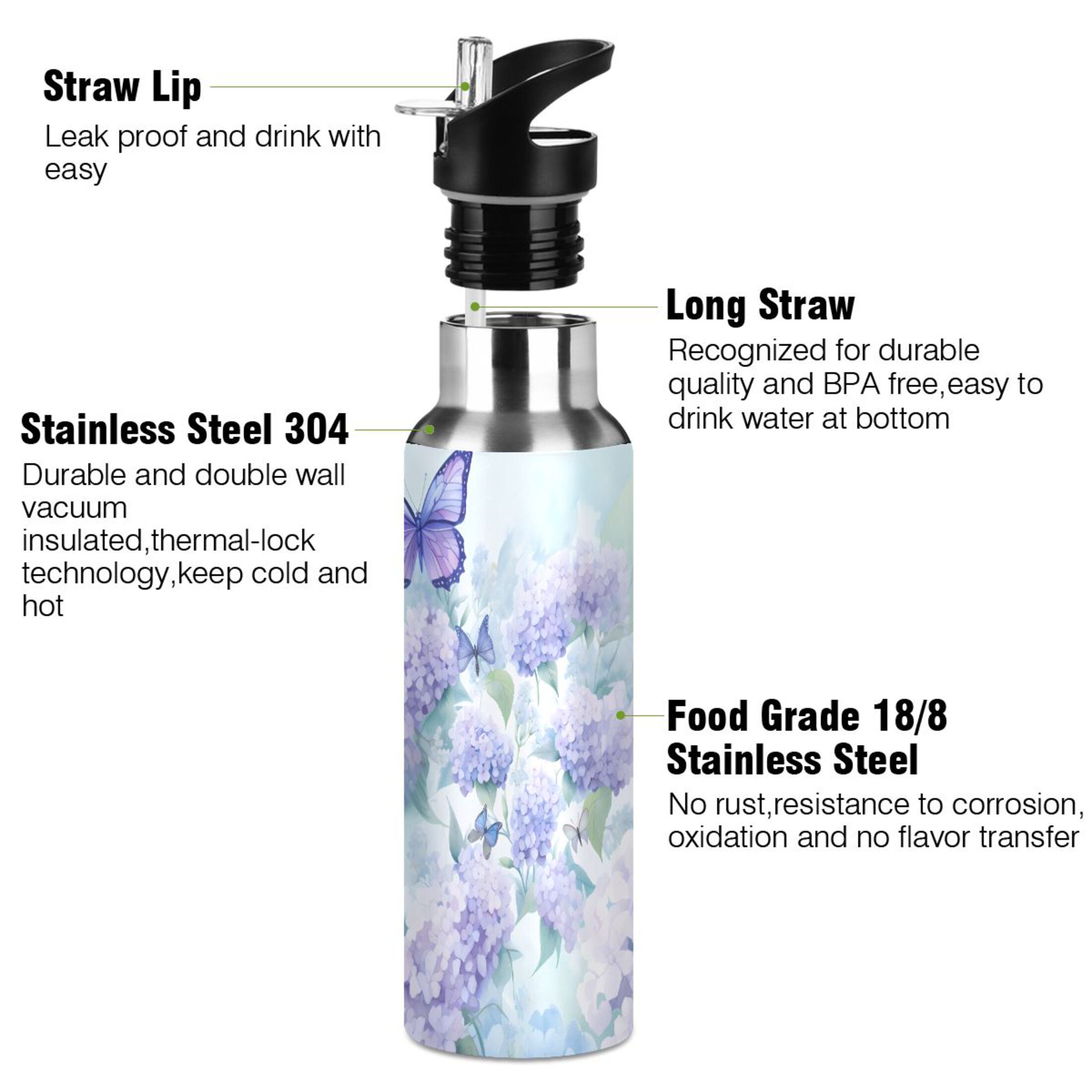 Water Bottle with Straw Lid Leak Butterfly in Lavenders Stainless Steel Insulated Thermos Vacuum Flask for Cold Hot Drinking for Sports Camping Gym Yoga