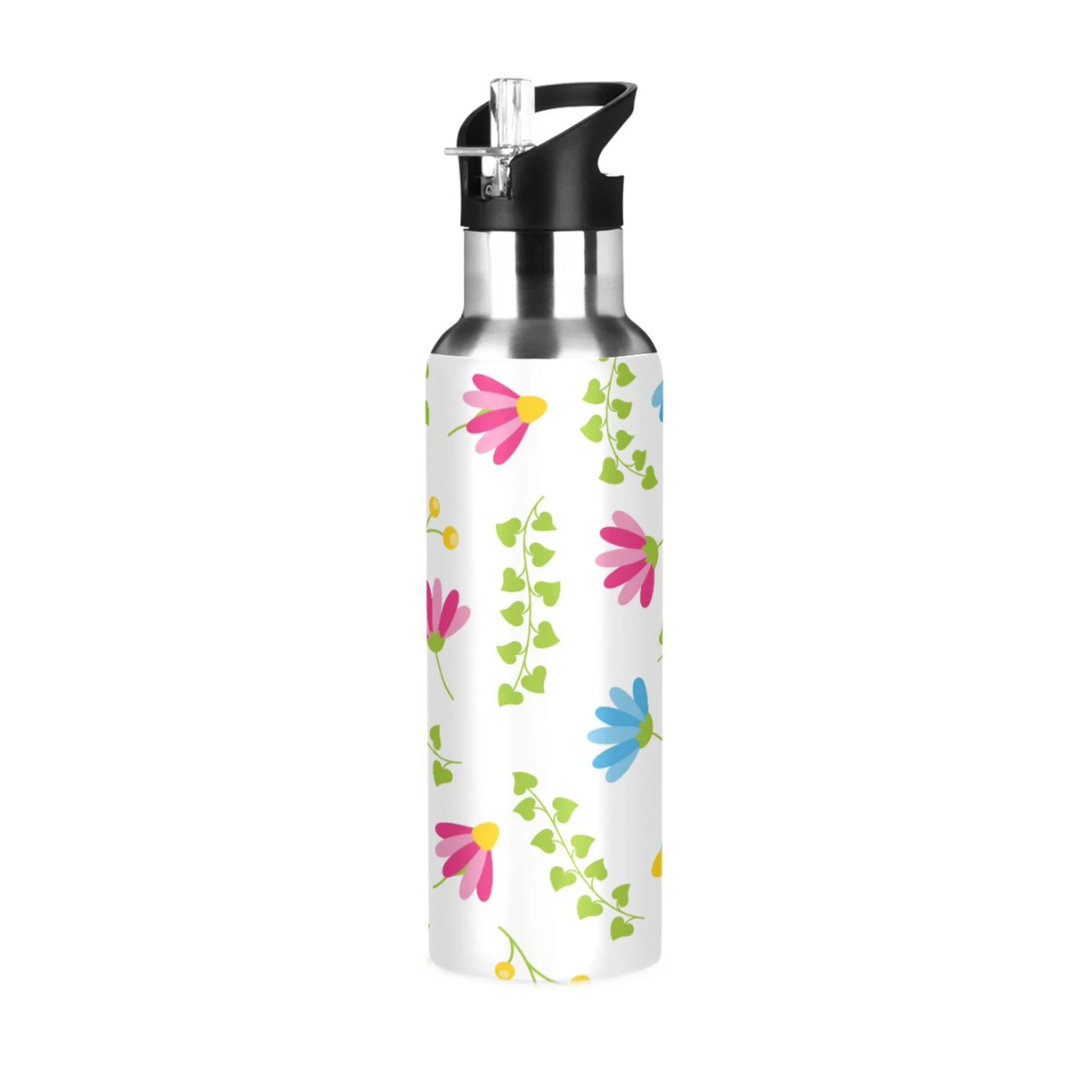 Water Bottle with Straw Lid Leak Pink Floral Green Leaves Stainless Steel Insulated Thermos Vacuum Flask for Cold Hot Drinking for Sports Camping Gym Yoga
