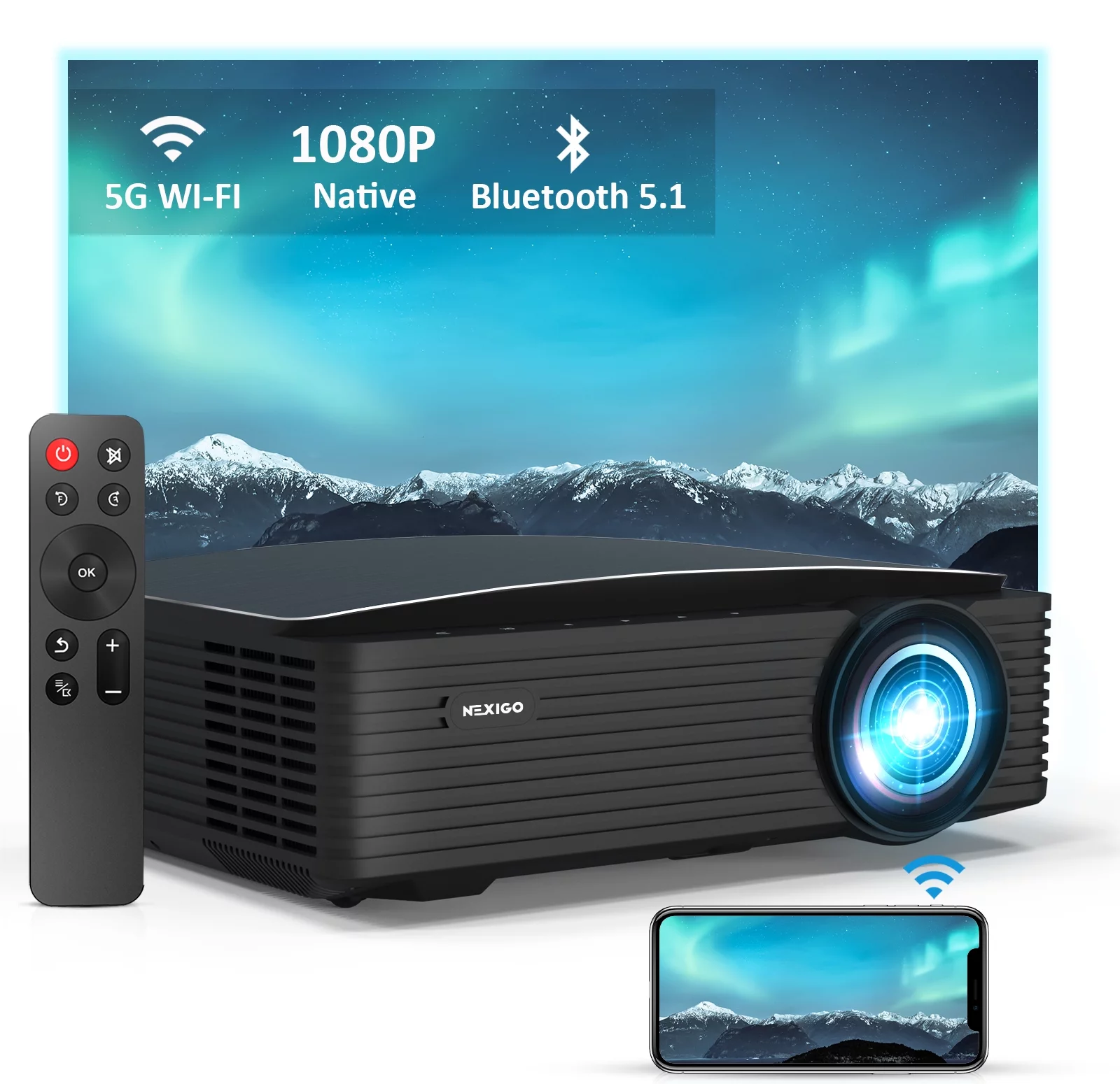 NexiGo PJ20 LCD Projector, 350 ANSI, Native 1080P, Bluetooth 5.1, Dolby_Audio Support