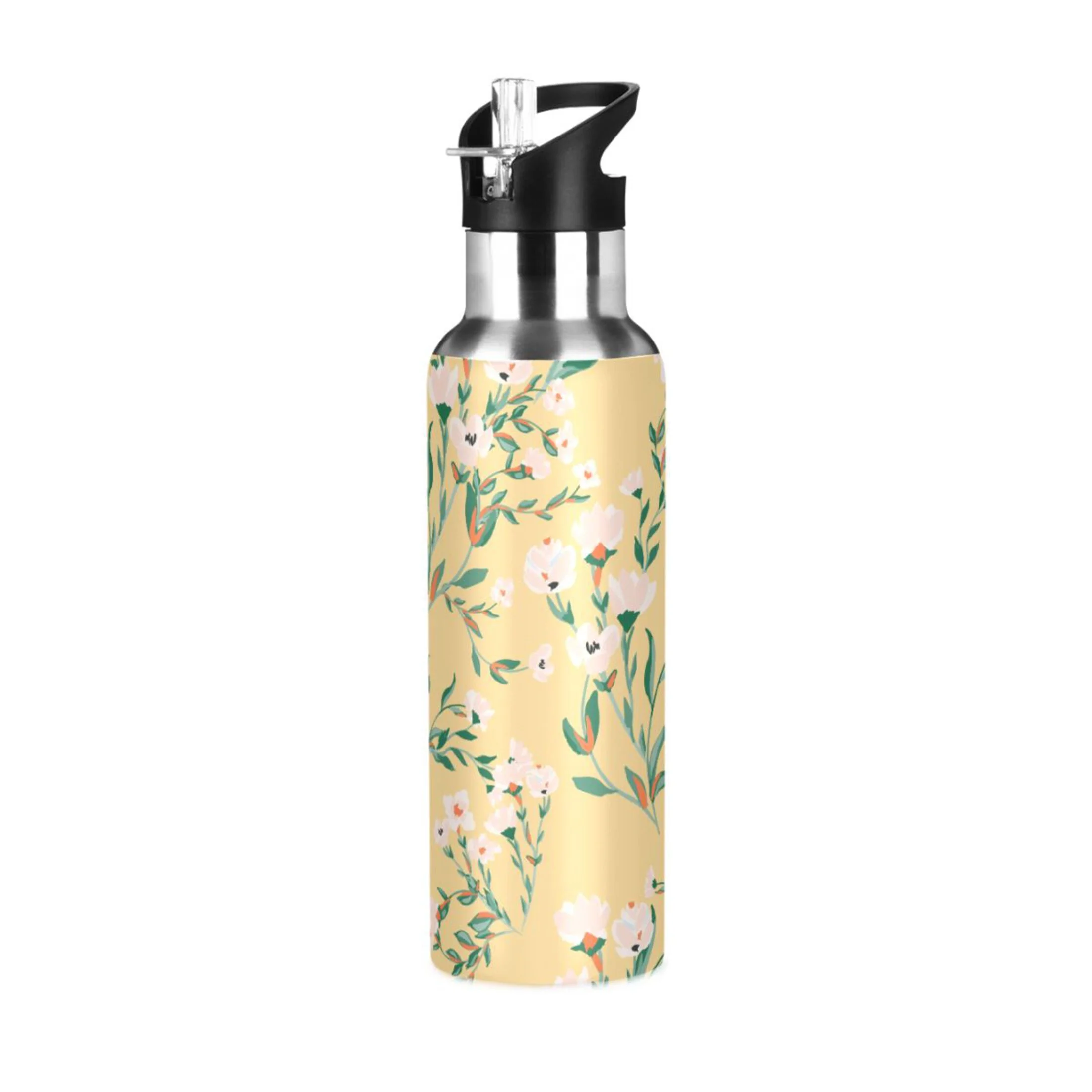 Water Bottle with Straw Lid Leak Pink Floral Flowers on Yellow Stainless Steel Insulated Thermos Vacuum Flask for Cold Hot Drinking for Sports Camping Gym Yoga