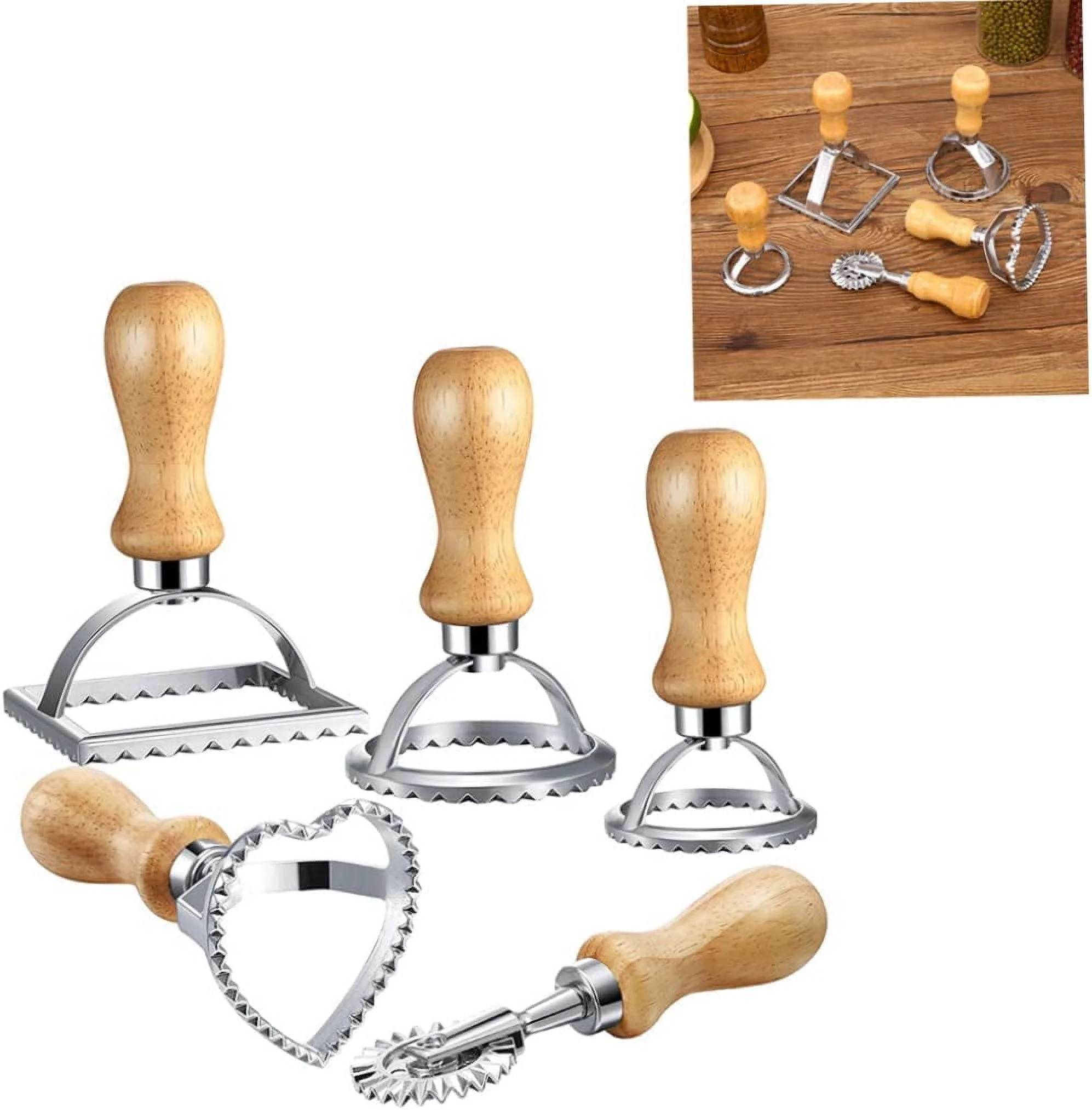 Ravioli Stamp Ravioli Maker Pasta Press Making Tools Mold Set with Wooden Handle Fluted Edge for Dumpling Pasta Pastry 5PCS Manual Pasta Machines