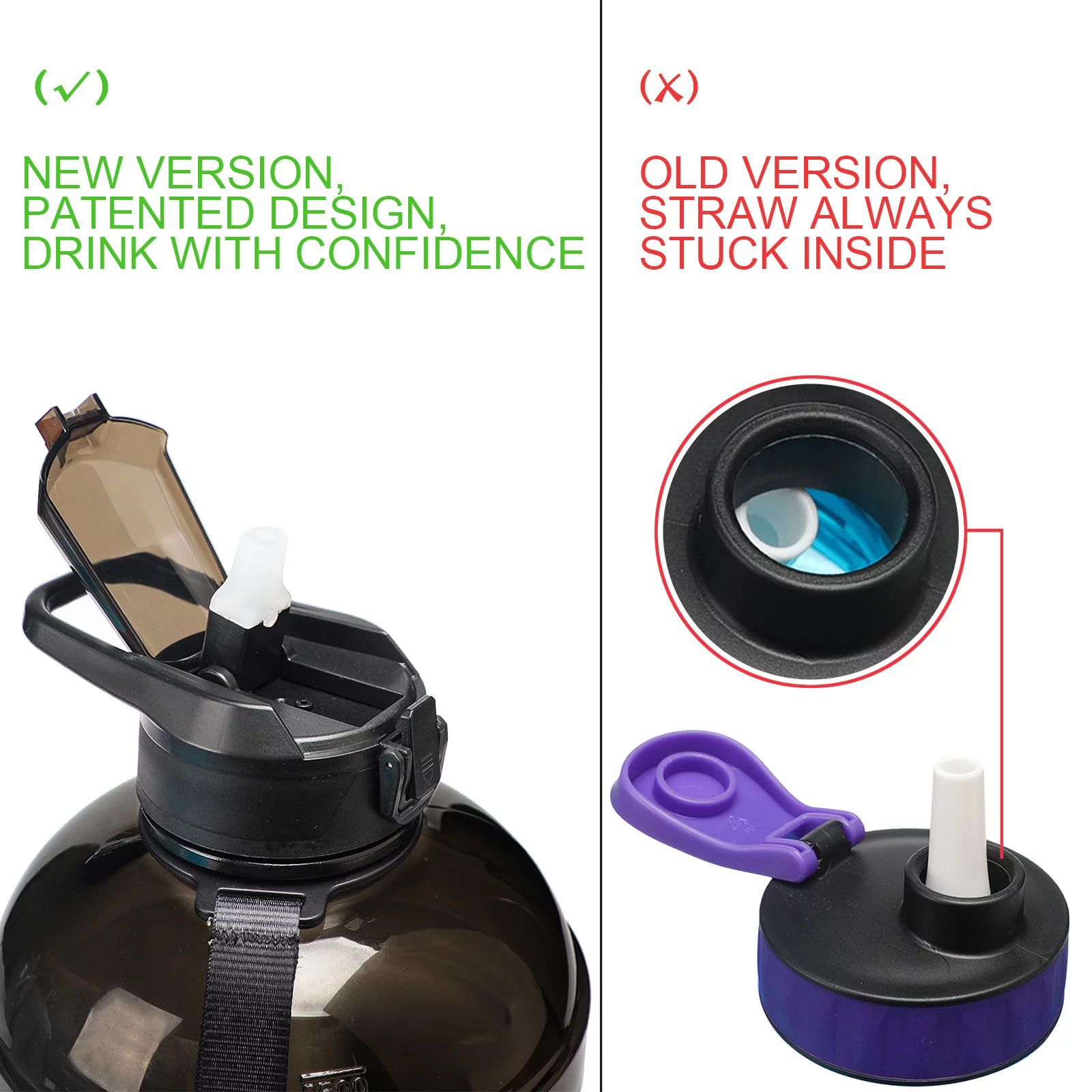 KEVENZ Water Bottle with Time Marker, 1 Gallon Water Bottle with Straw, Leakproof Water Jug, BPA Free, Black