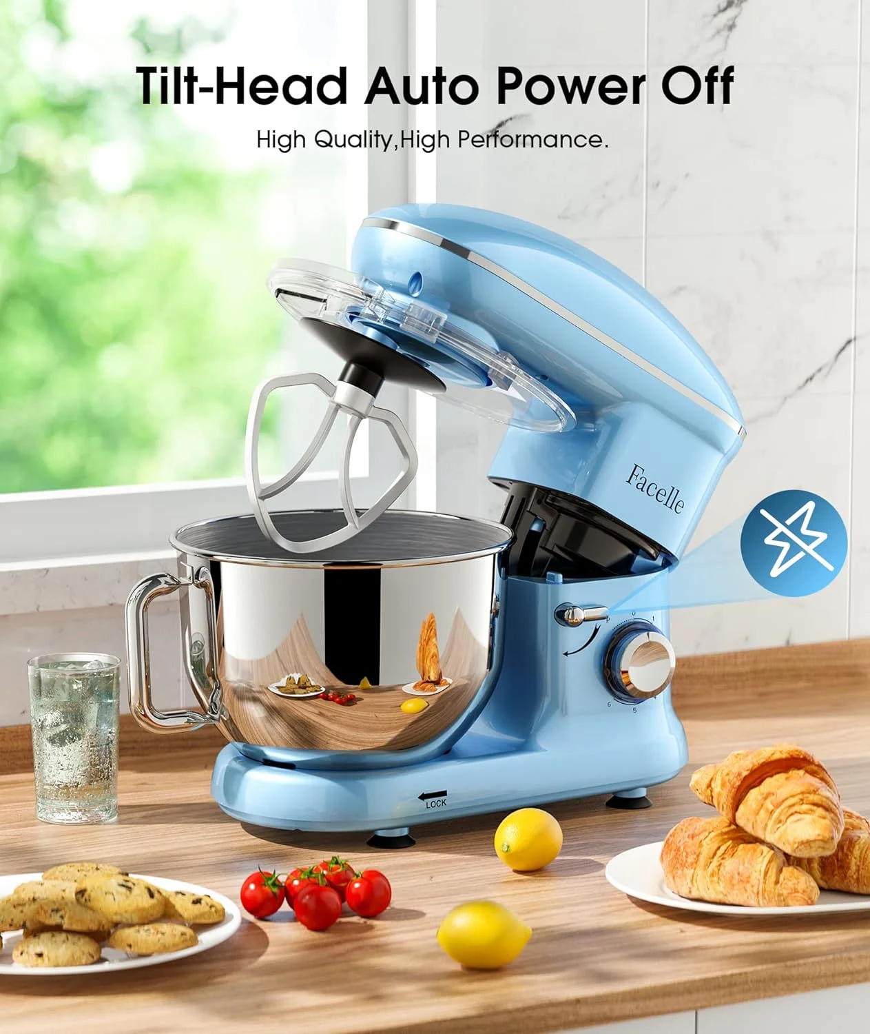 YONG Electric Stand Mixer, 660W 6 Speed Kitchen Mixer with Pulse Button, Attachments include 6.5 QT Bowl, Dishwasher Safe Beater, Dough Hook, Whisk & Splash Guard for Dough, Baking, Cookie (Blue)