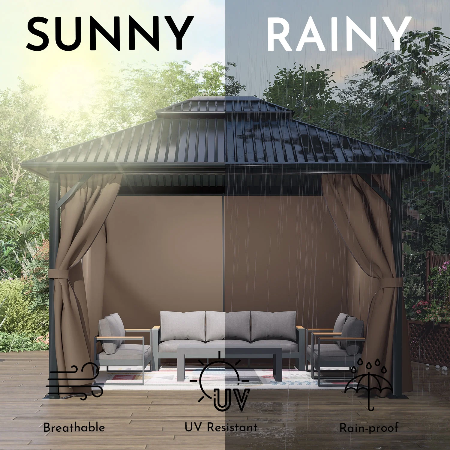 Aoodor 10' x 10' Gazebo Curtain Set Protecting Privacy Side Walls 4 Panels (Curtain Only)