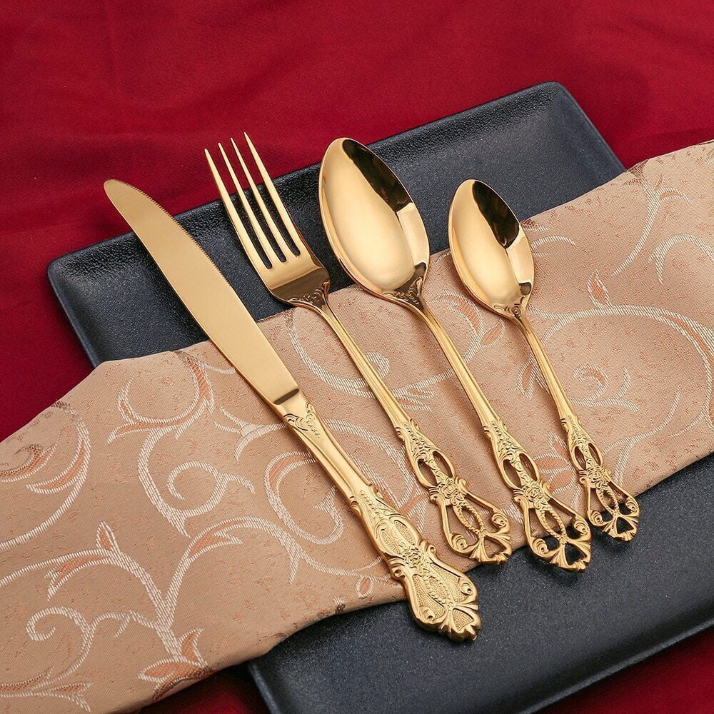24pcs Cutlery Set Gold Dinnerware Spoon Dinner Silverware Tableware Gifts