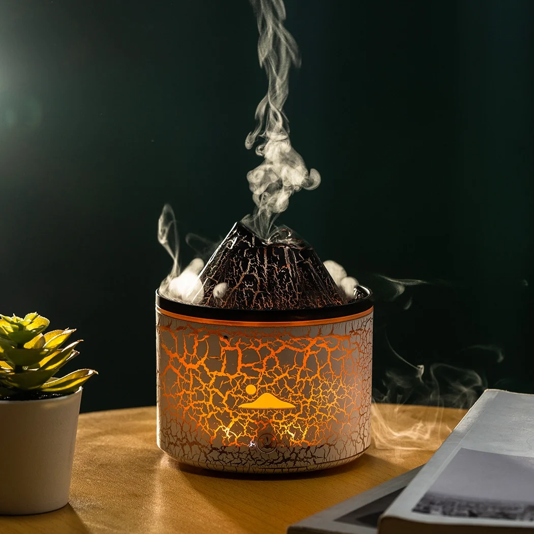 Durcord Essential Oils Diffuser,180ml Flame Volcano Aroma Humidifier With Colored Light and Remote Control,White
