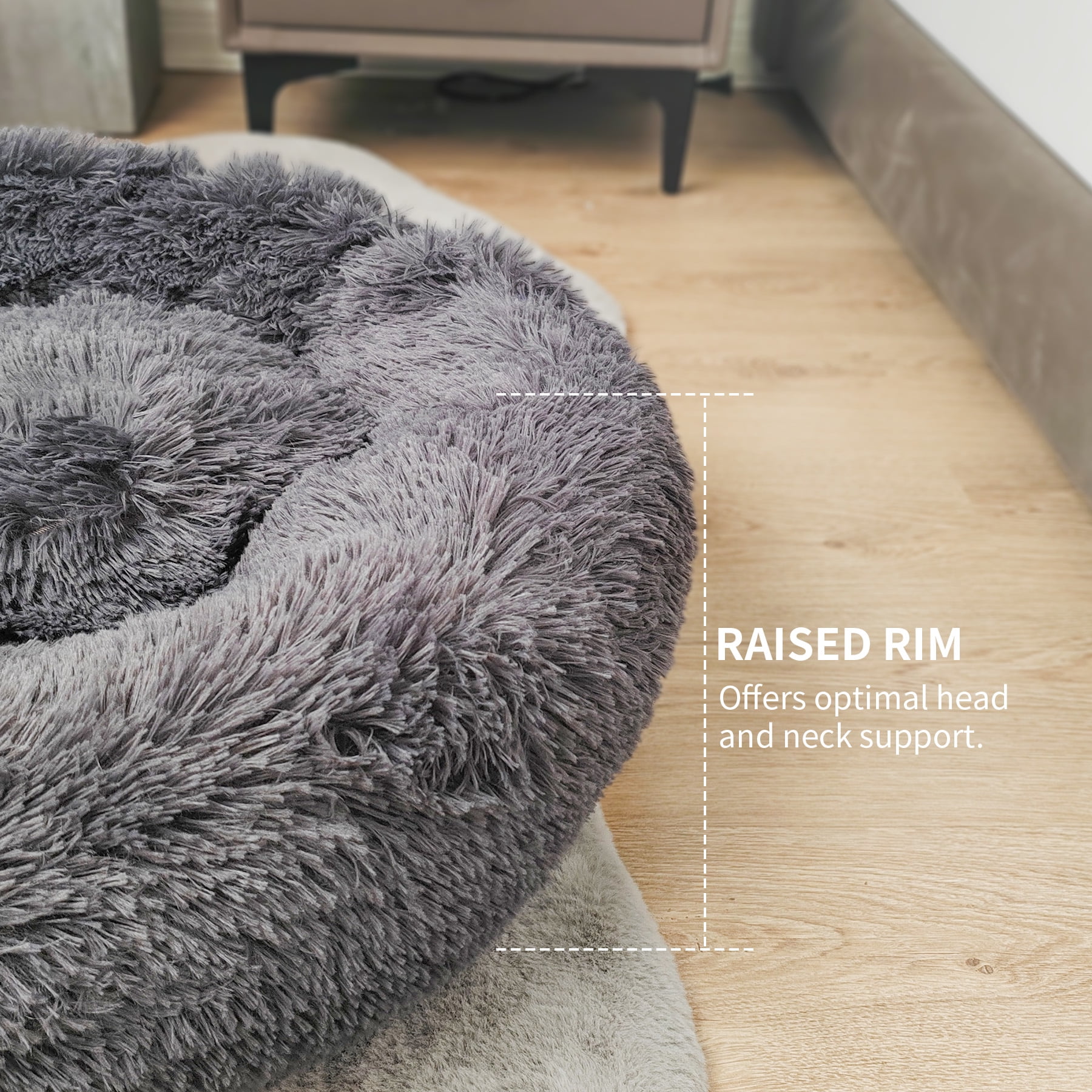 Deluxe Donut Pet Bed with Anti-Slip Waterproof Bottom and Raised Rim - Soothing Calming Cuddler Nest Dog Bed, Fluffy Faux Fur Round Cushion Cat Bed