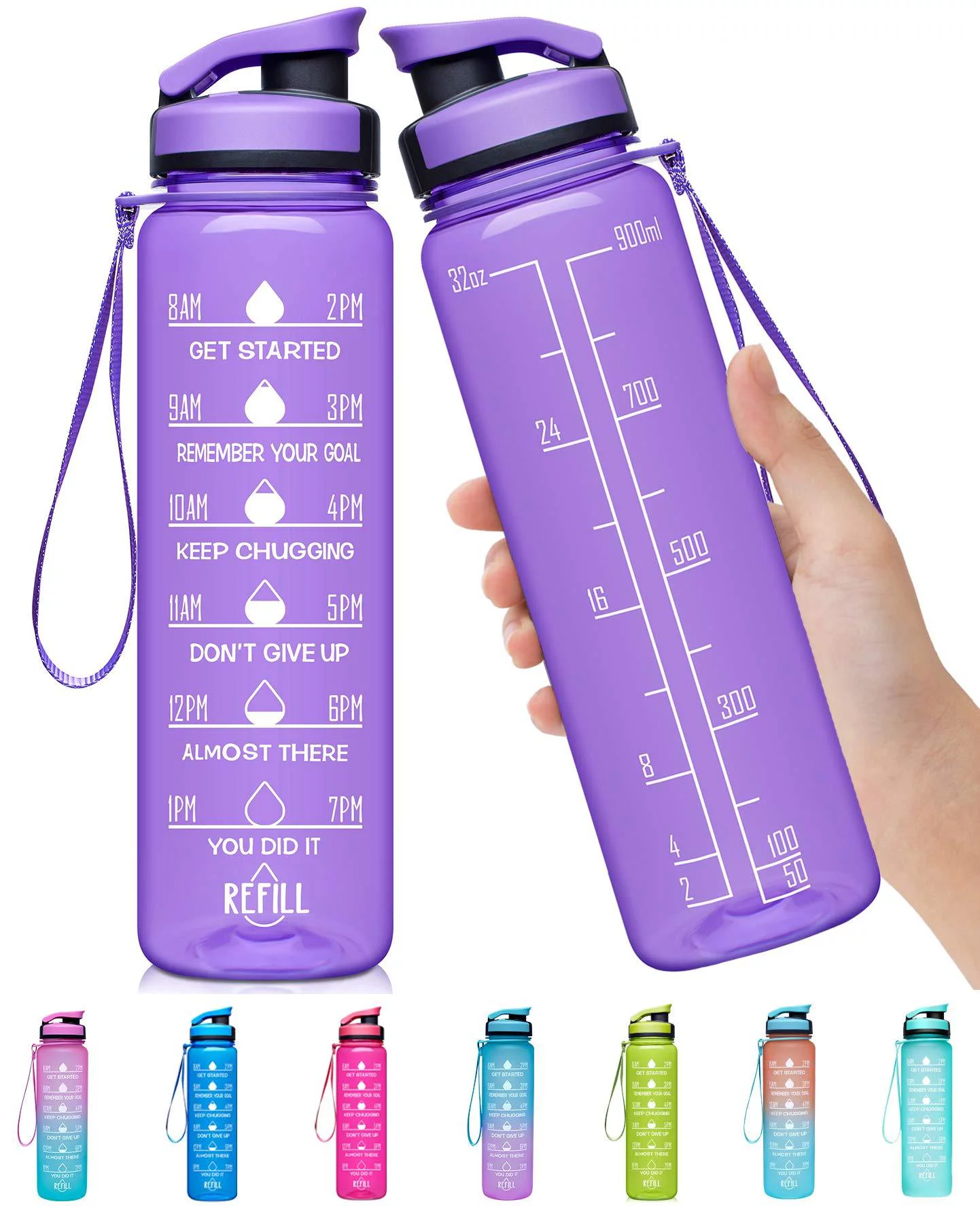 Elvira 32oz Large Water Bottle with Motivational Time Marker & Removable Strainer,Fast Flow BPA Free Non-Toxic for Fitness, Gym and Outdoor Sports A4-Light Purple