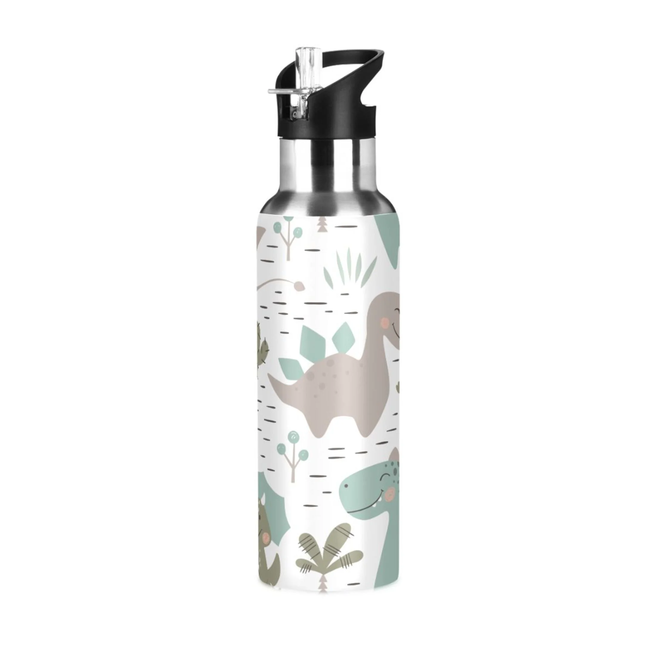 Stainless Steel Water Bottle Childish Green Dinosaurs with Straw Lid Vacuum Insulated Keeps Hot and Cold Leak Proof Flask Jug for Gym Travel Sports Cycling Outdoor 20 OZ