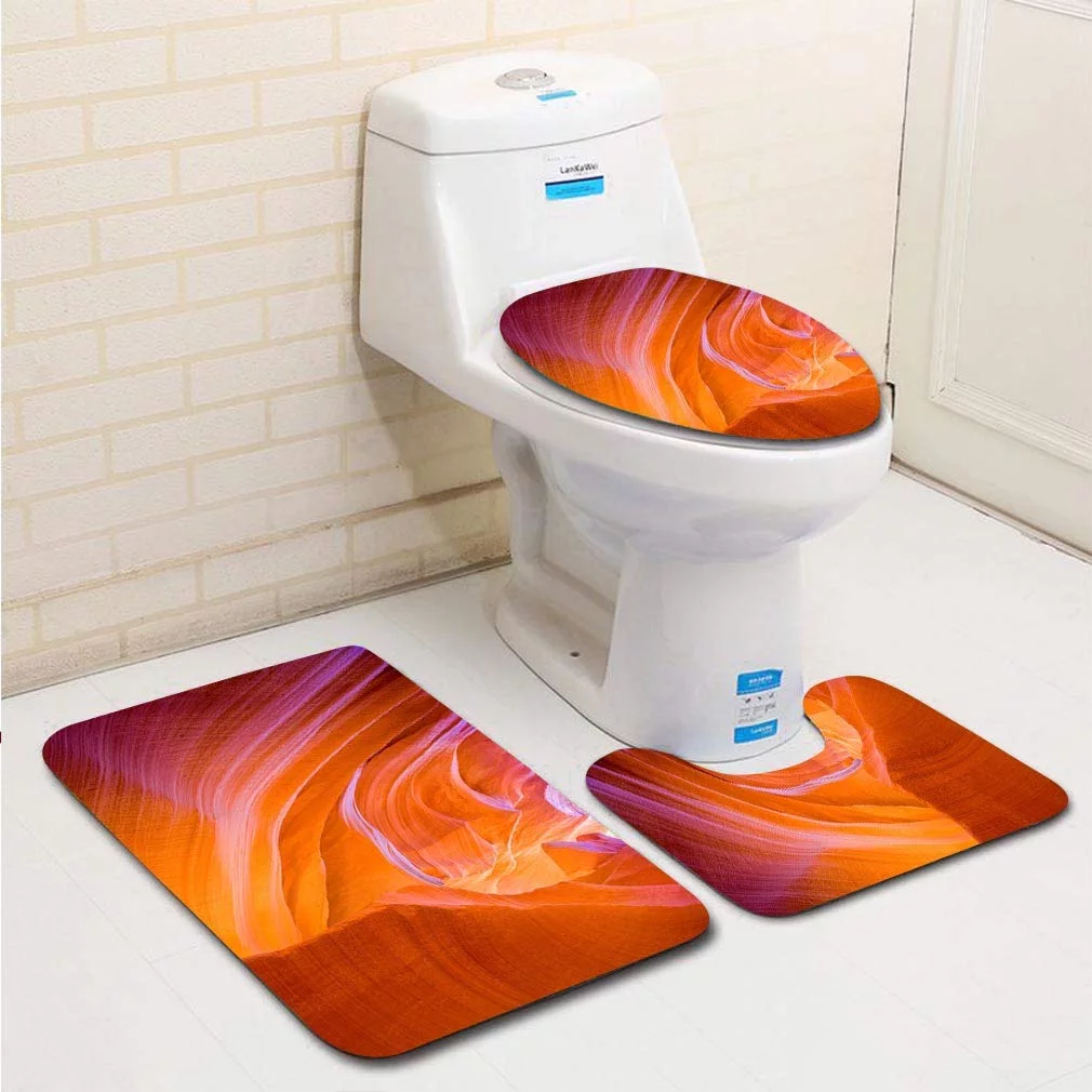 PUDMAD Beautiful Lower Antelope Canyon 3 Piece Bathroom Rugs Set Bath Rug Contour Mat and Toilet Lid Cover