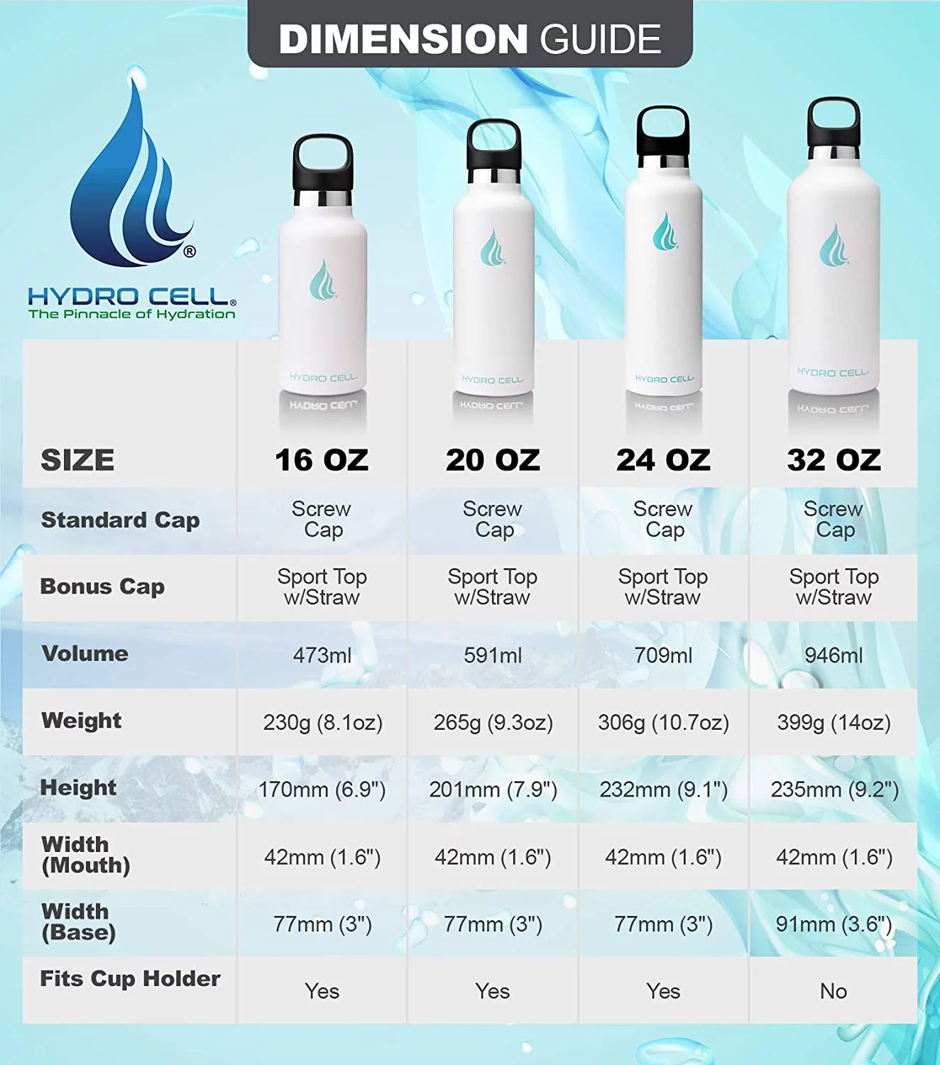 HYDRO CELL Stainless Steel Water Bottle w/Straw & Standard Mouth Lids