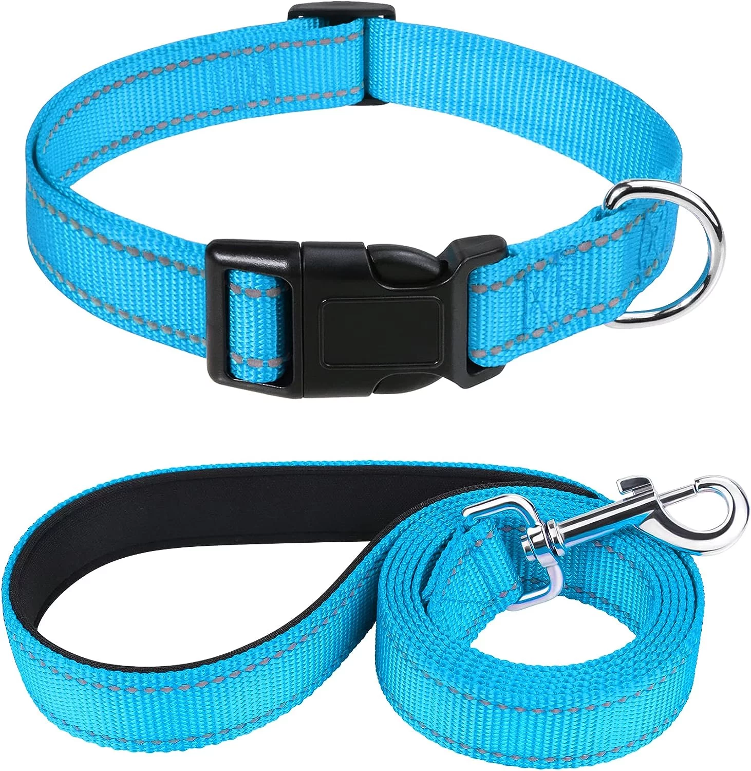 Dog Collars and 5FT Double-Sided Reflective Dogs Leash Set, Nylon Material for Walking and Traning Suit for Medium & Large Dogs, Aqua Blue